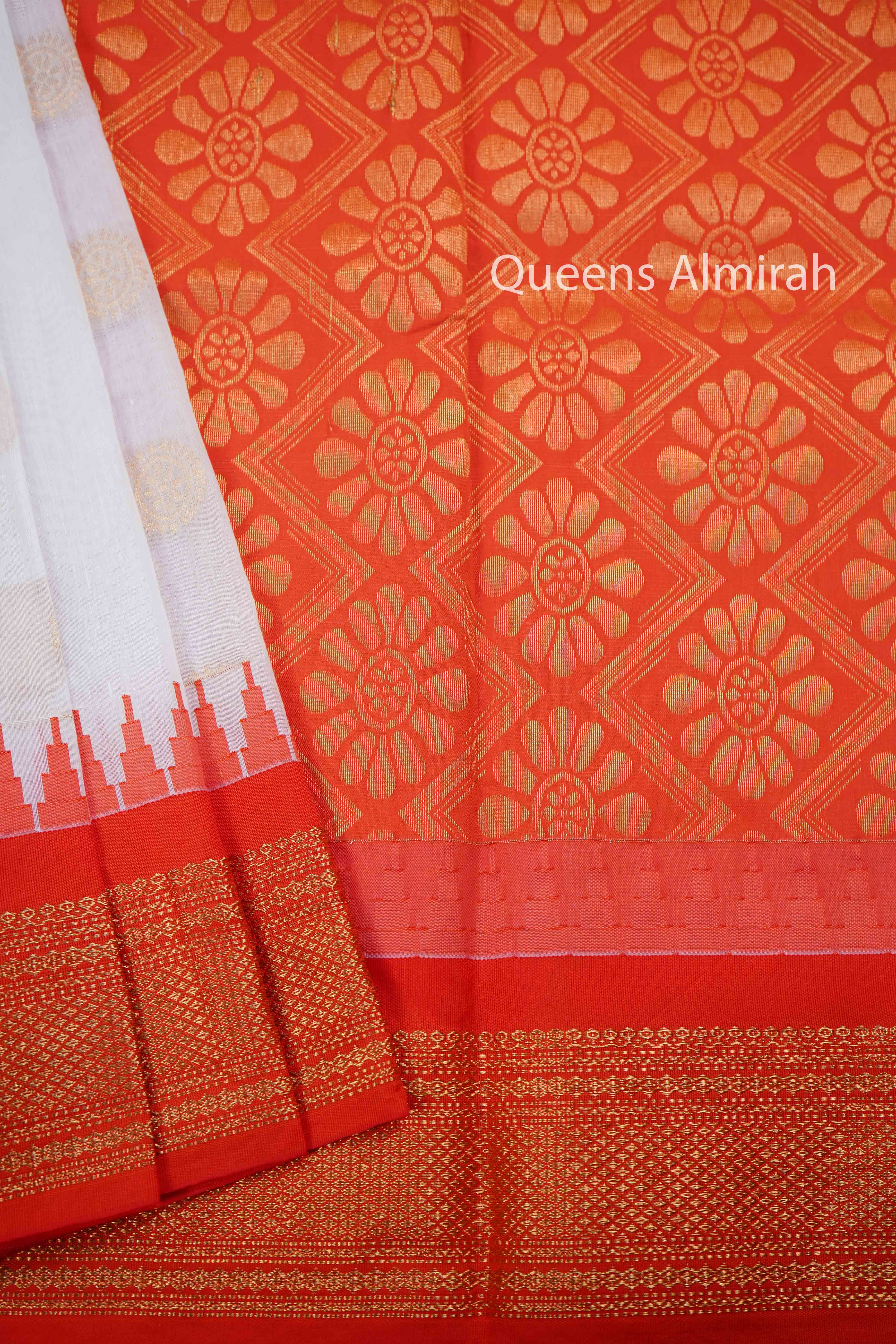 WHITE WITH ORANGE SEMI GADWAL SILK COTTON SAREE - Queens Jewel Emporium