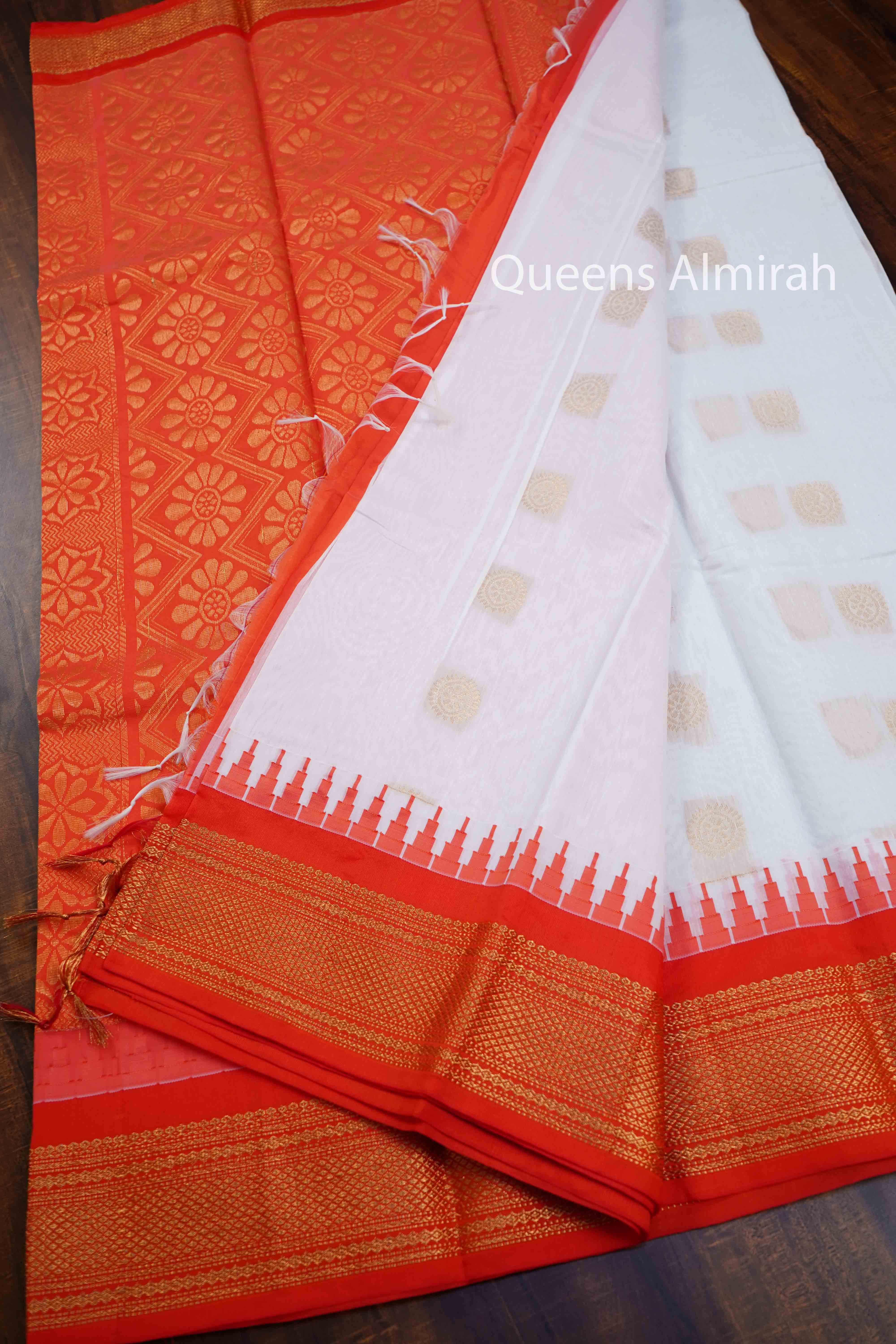 WHITE WITH ORANGE SEMI GADWAL SILK COTTON SAREE - Queens Jewel Emporium