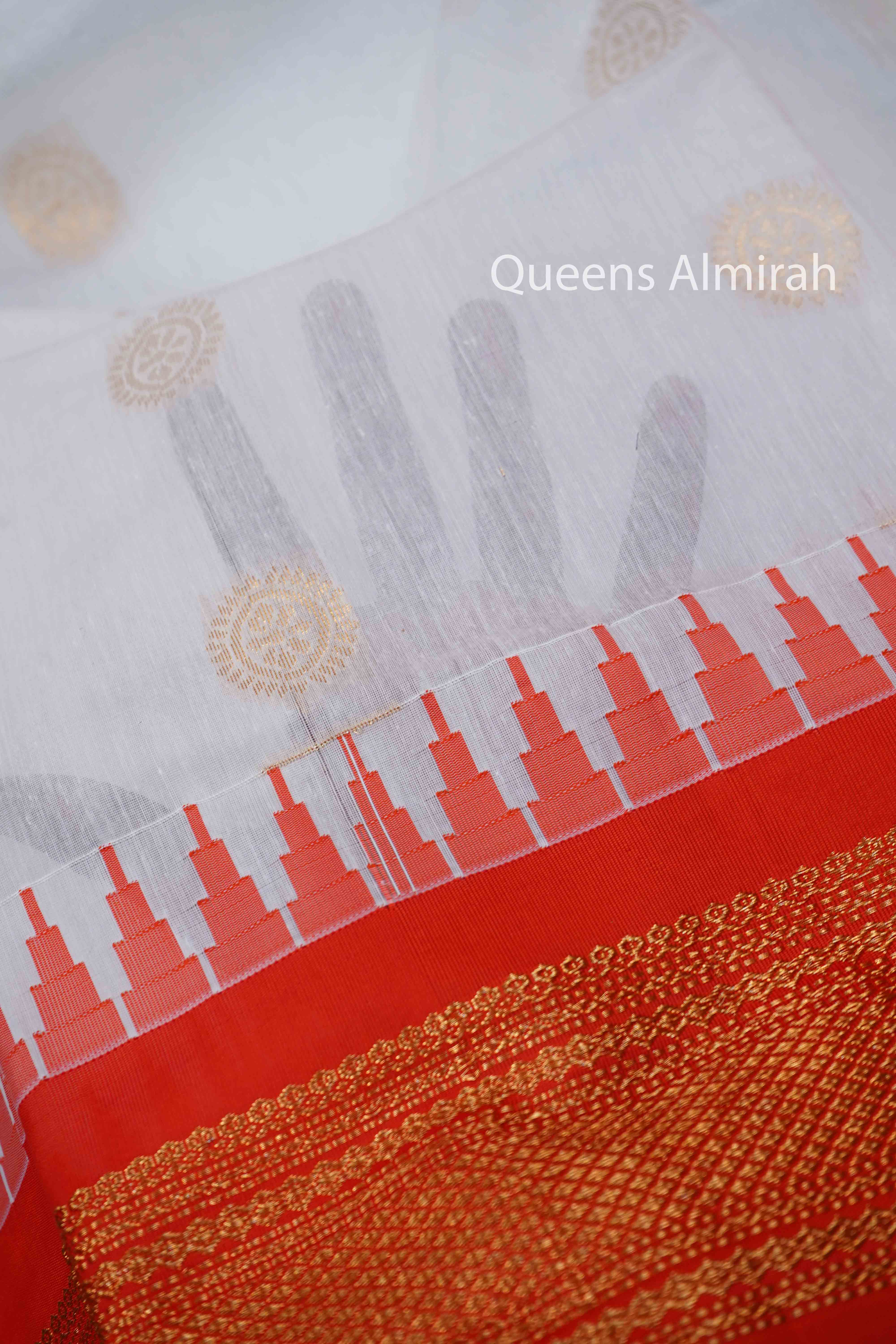 WHITE WITH ORANGE SEMI GADWAL SILK COTTON SAREE - Queens Jewel Emporium