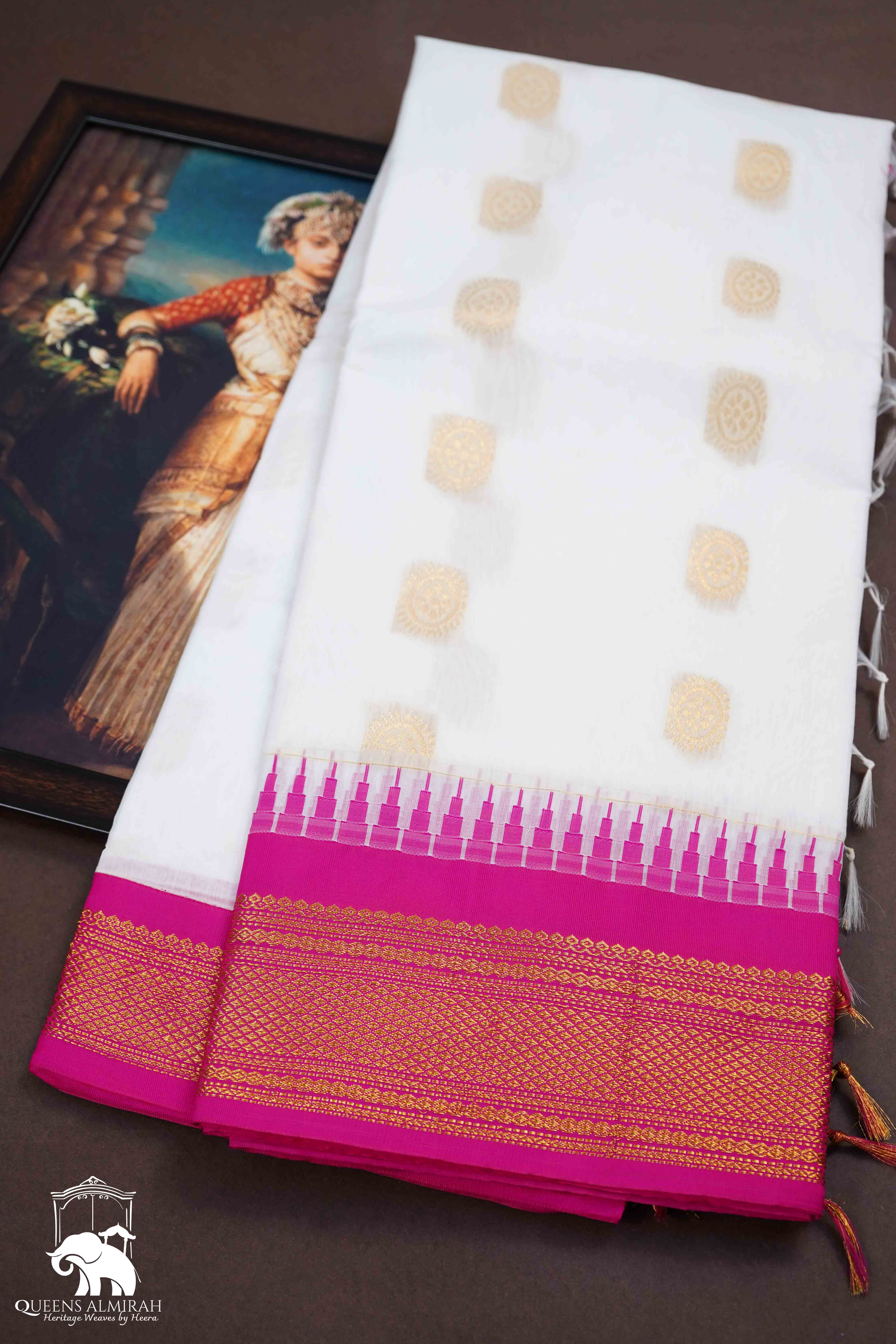 WHITE WITH PINK SEMI SILK GADWAL SAREE - Queens Jewel Emporium