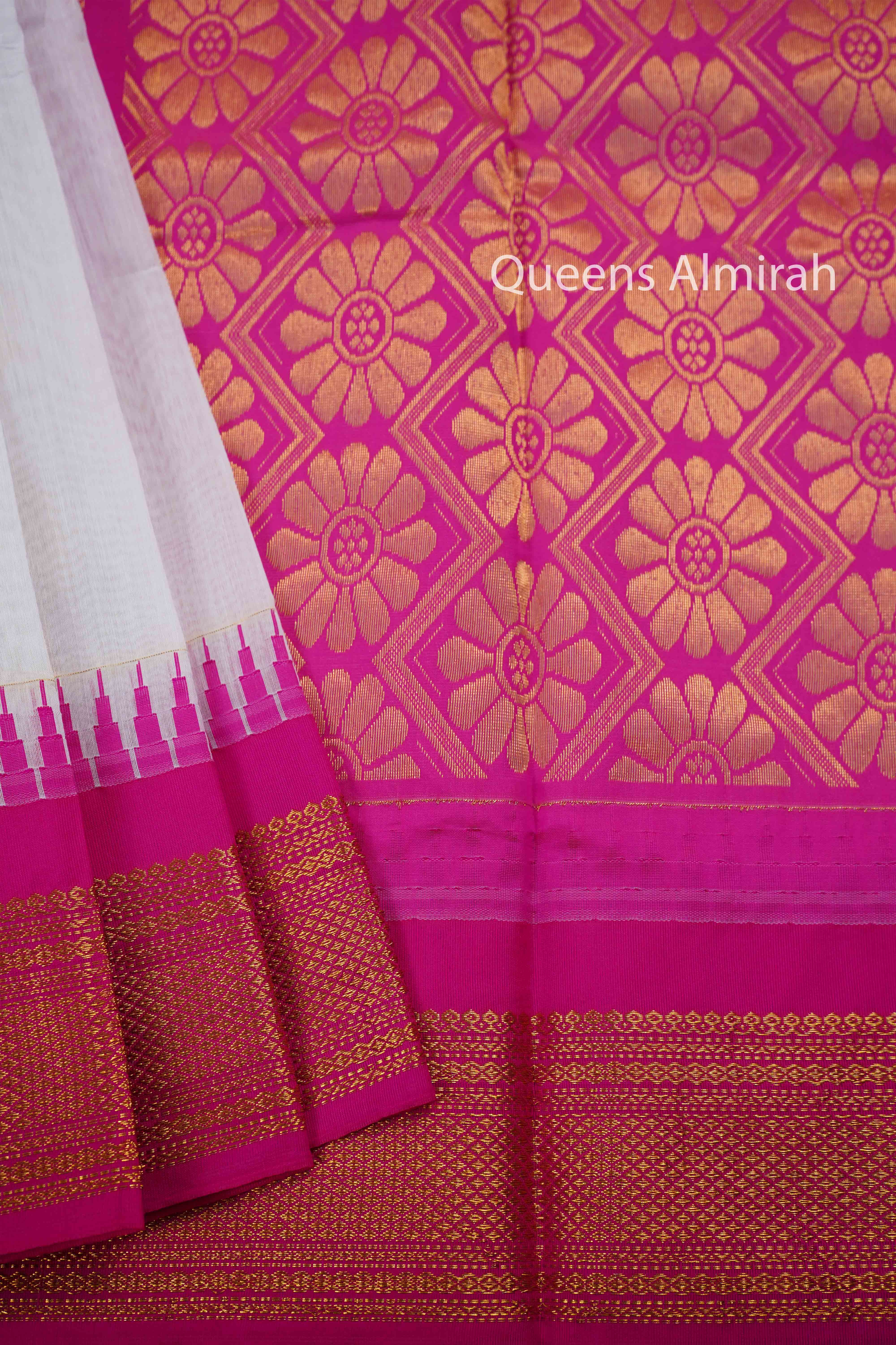 WHITE WITH PINK SEMI SILK GADWAL SAREE - Queens Jewel Emporium