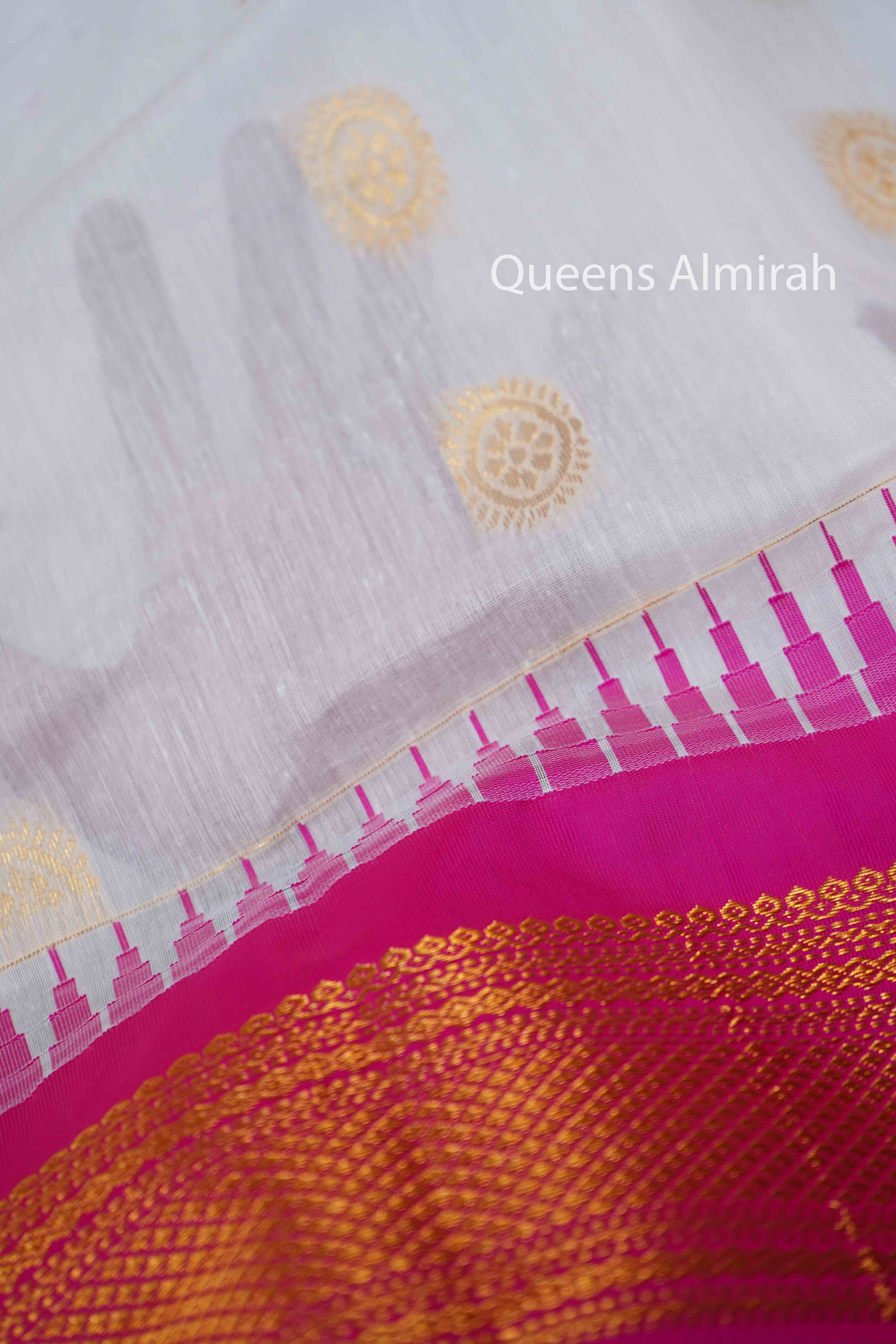 WHITE WITH PINK SEMI SILK GADWAL SAREE - Queens Jewel Emporium