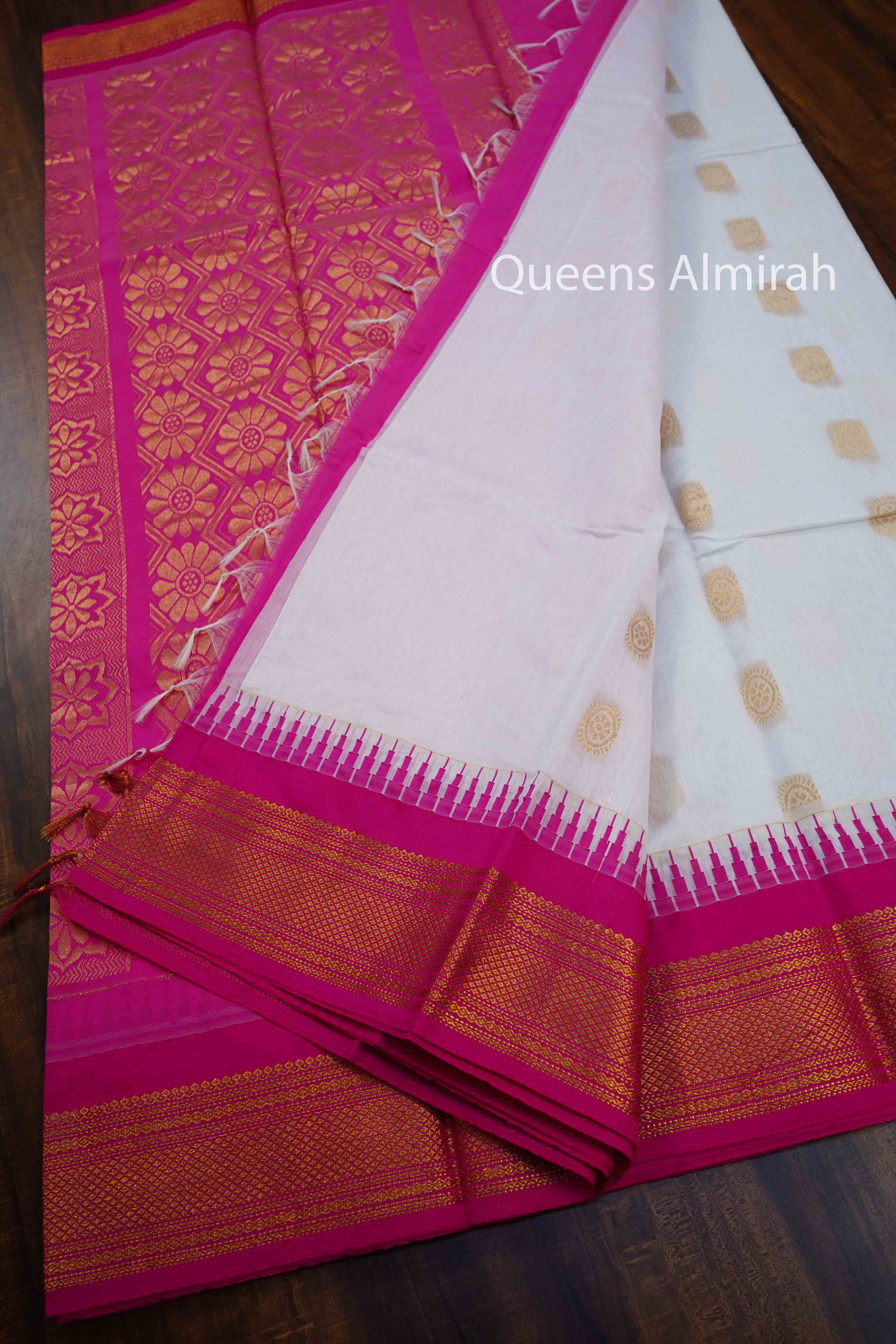 WHITE WITH PINK SEMI SILK GADWAL SAREE - Queens Jewel Emporium