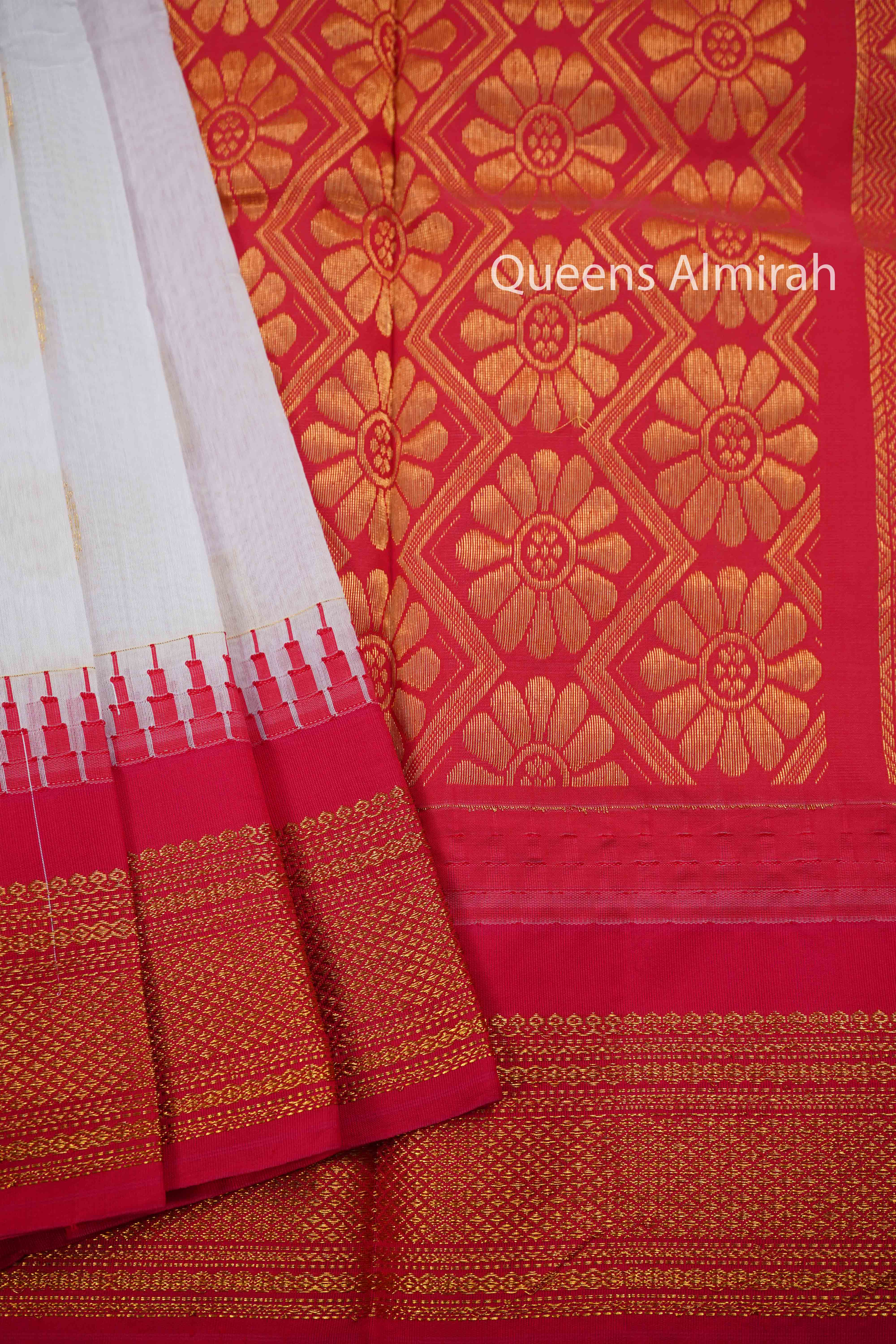 WHITE WITH RED SEMI GADWAL SILK COTTON  SAREE - Queens Jewel Emporium