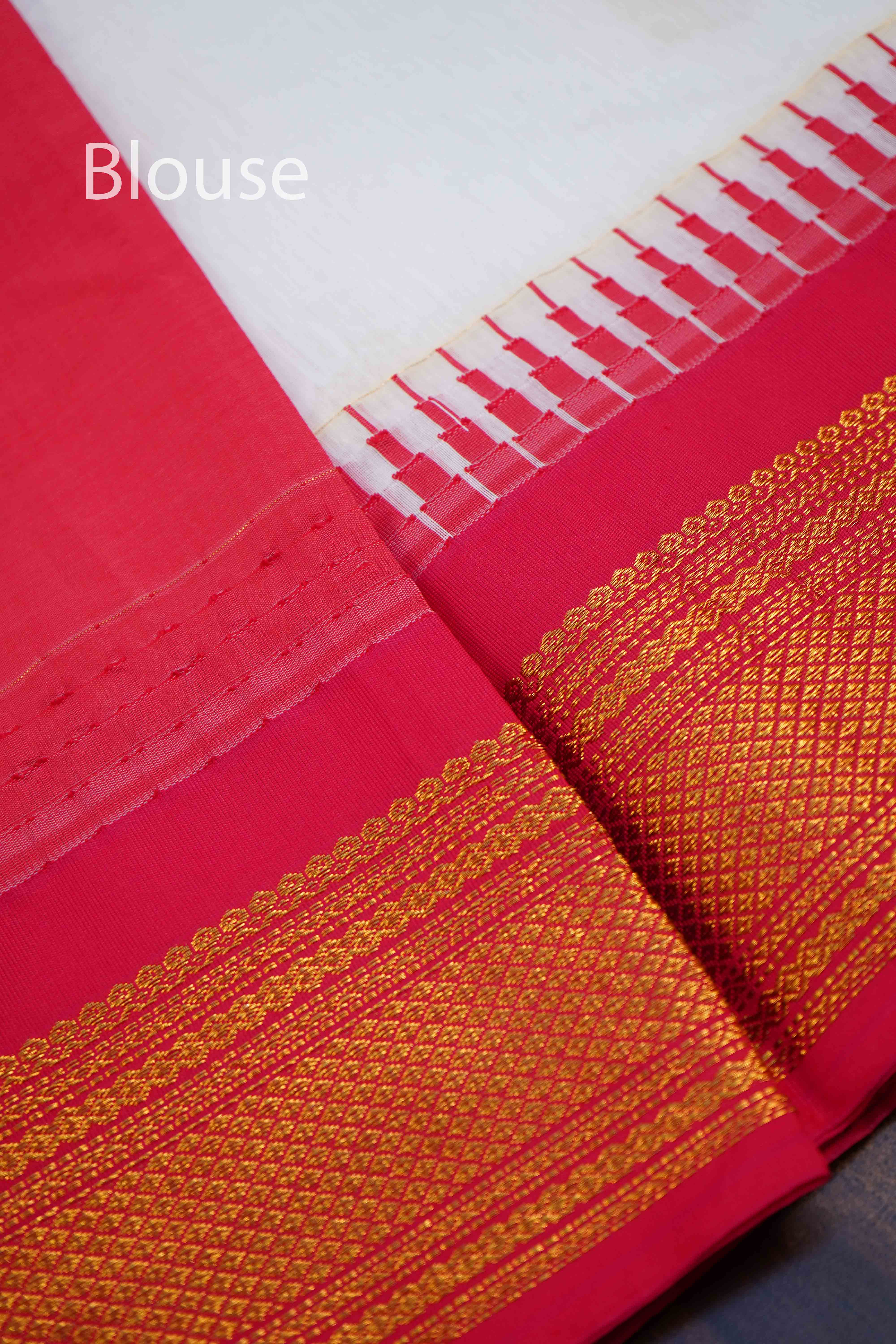 WHITE WITH RED SEMI GADWAL SILK COTTON  SAREE - Queens Jewel Emporium