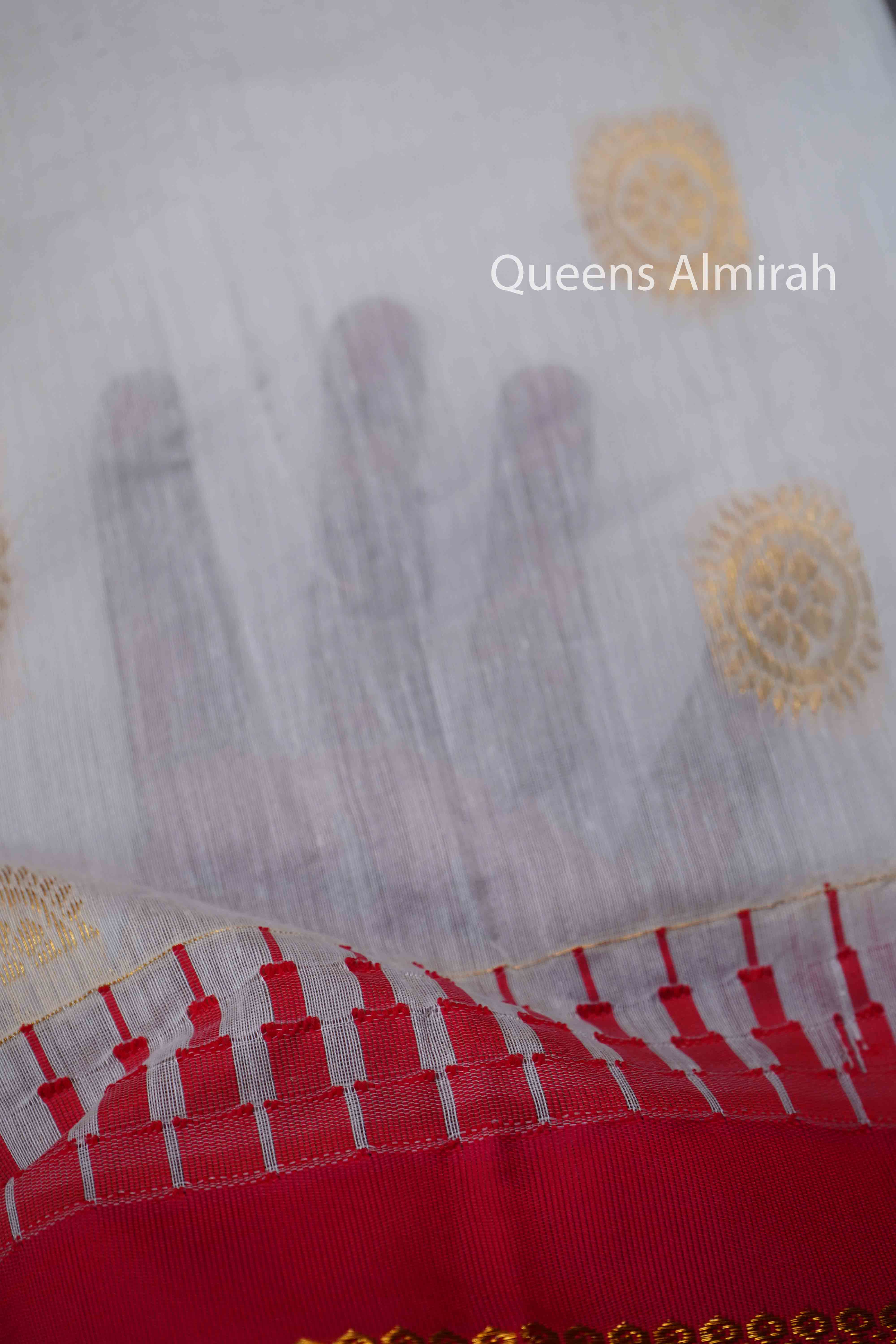 WHITE WITH RED SEMI GADWAL SILK COTTON  SAREE - Queens Jewel Emporium