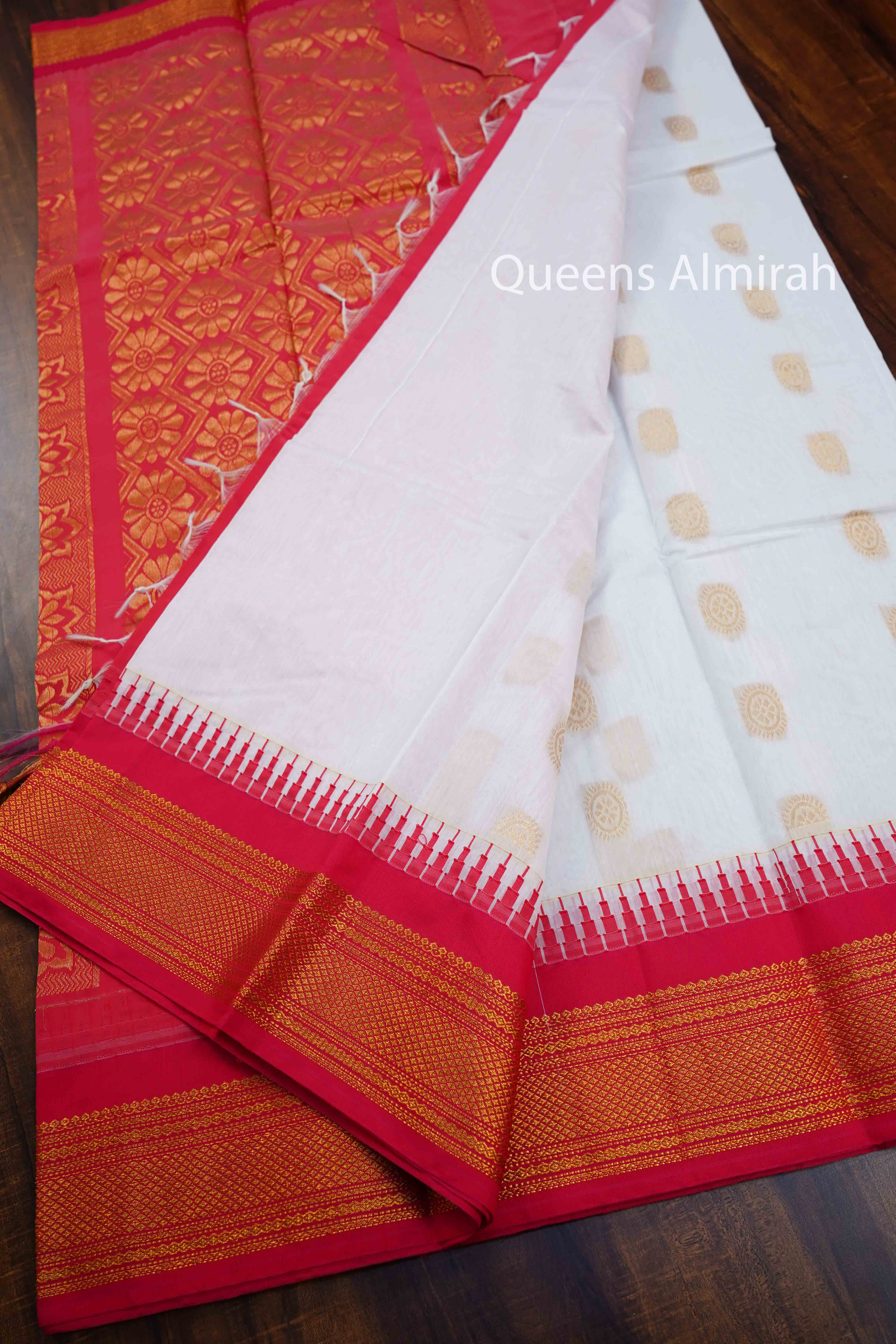WHITE WITH RED SEMI GADWAL SILK COTTON  SAREE - Queens Jewel Emporium