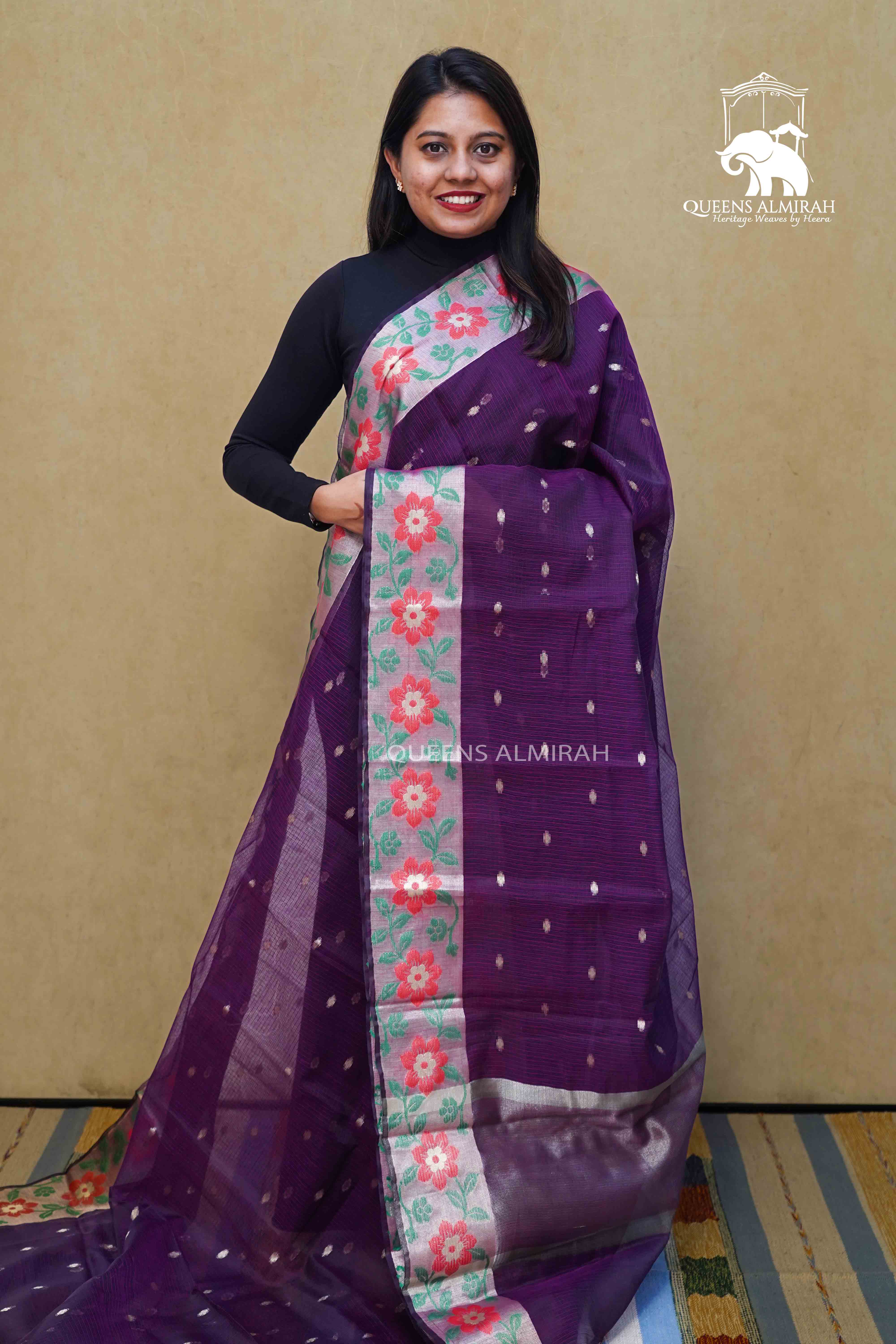 WINE BERRY KOTA SILK COTTON SAREE - Queens Jewel Emporium