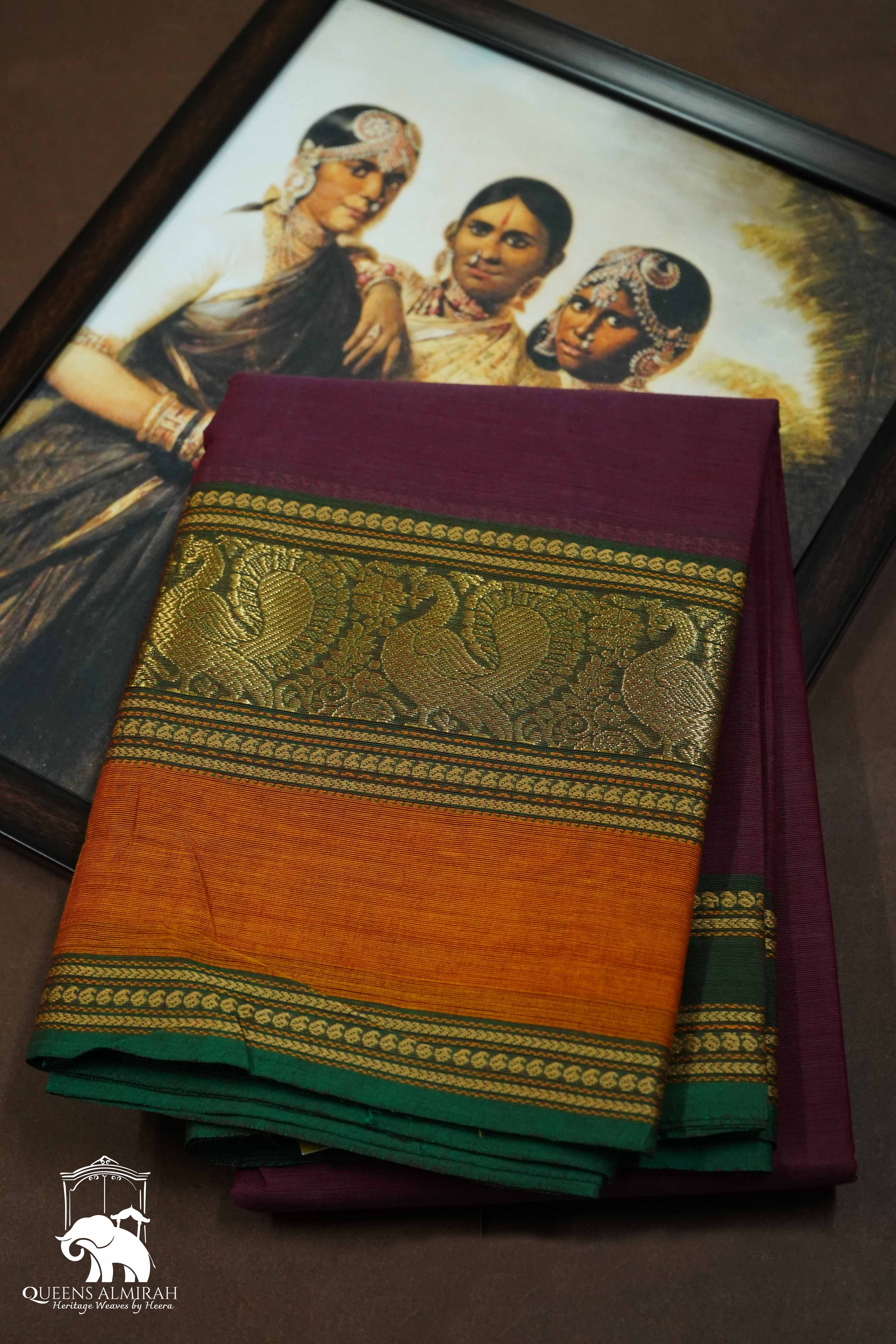 WINE BERRY WITH BOTTLE GREEN KANCHI COTTON SAREE - Queens Jewel Emporium