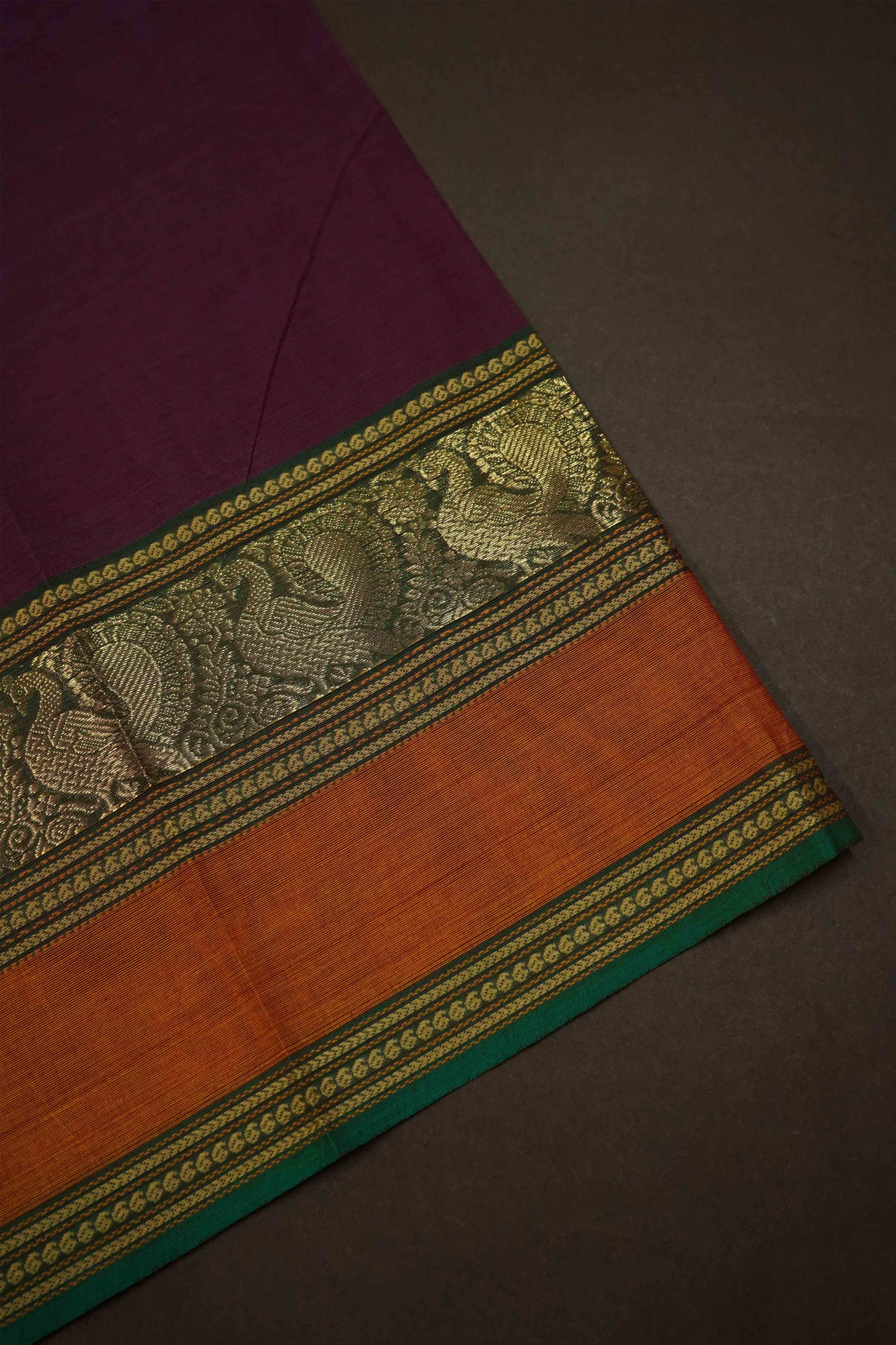 WINE BERRY WITH BOTTLE GREEN KANCHI COTTON SAREE - Queens Jewel Emporium