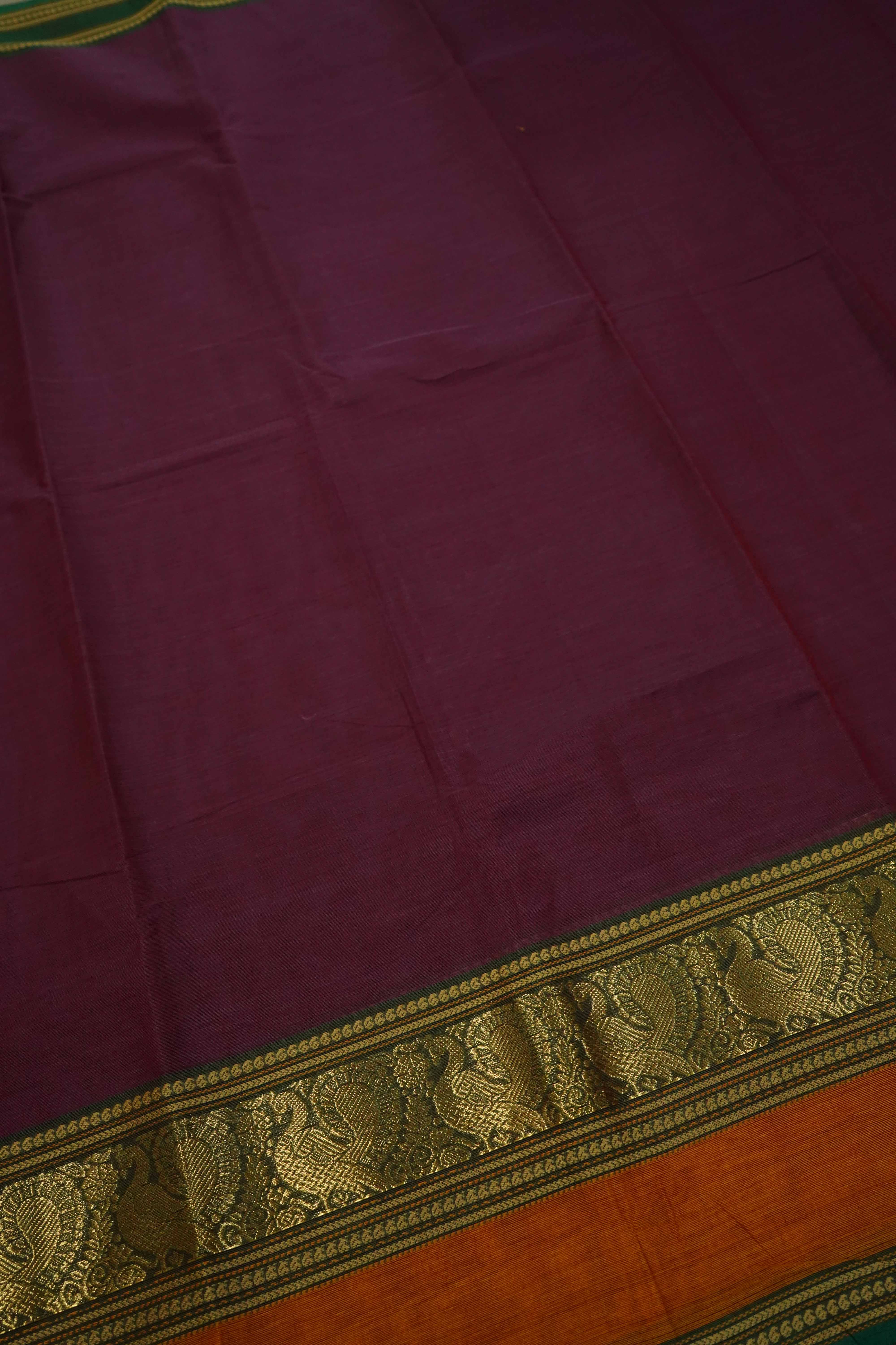 WINE BERRY WITH BOTTLE GREEN KANCHI COTTON SAREE - Queens Jewel Emporium