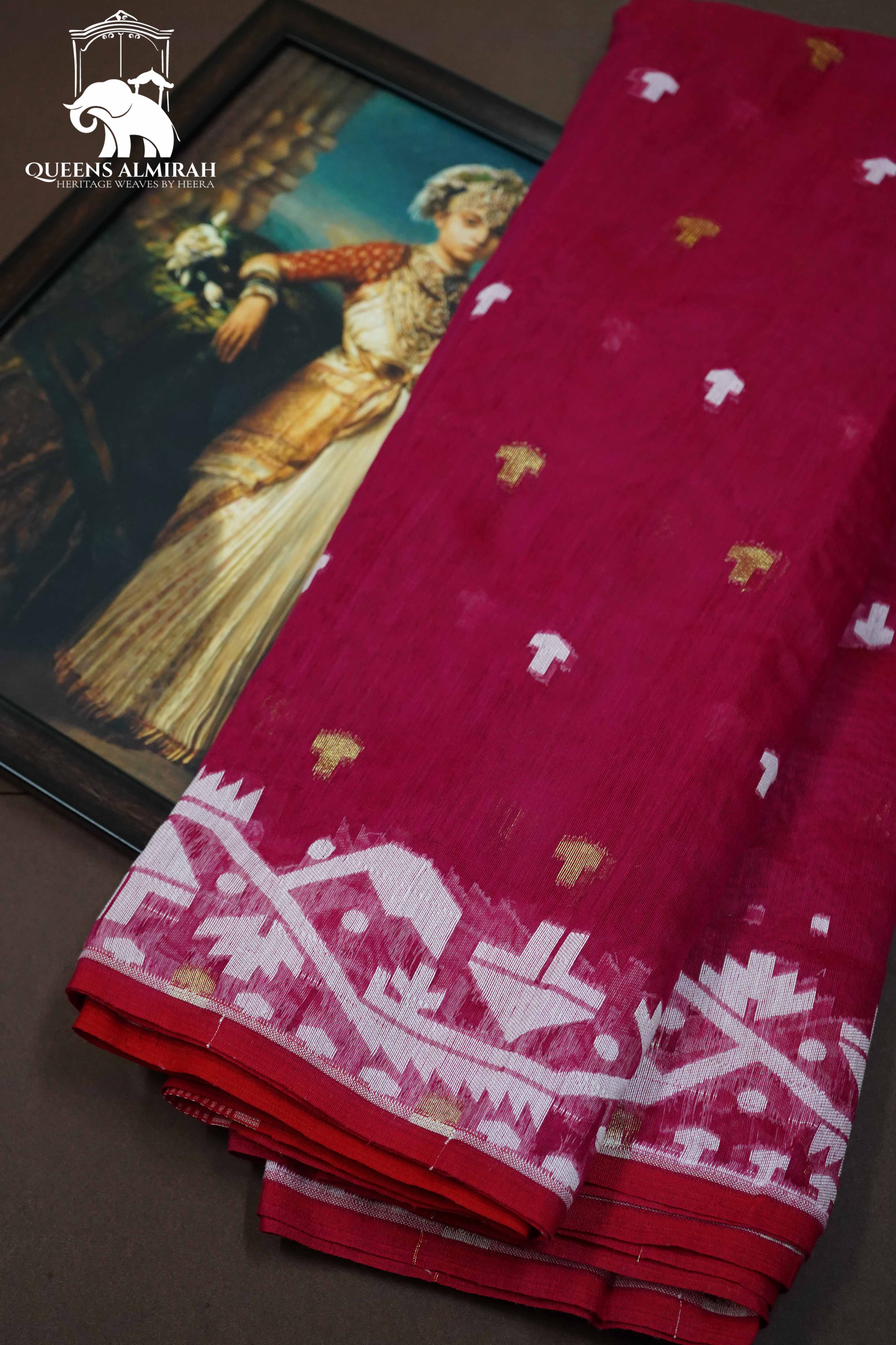 WINE RED JAMDANI COTTON SAREE - Queens Jewel Emporium