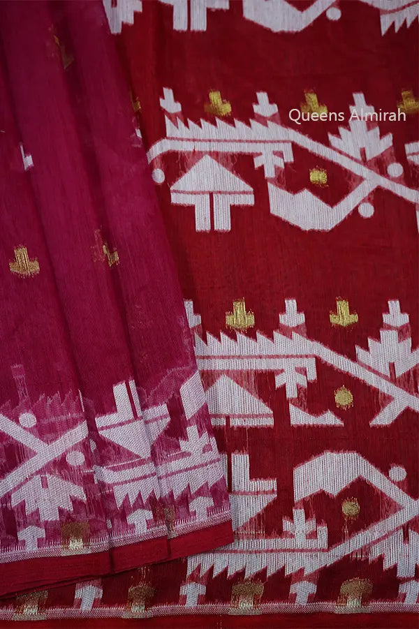 WINE RED JAMDANI COTTON SAREE - Queens Jewel Emporium