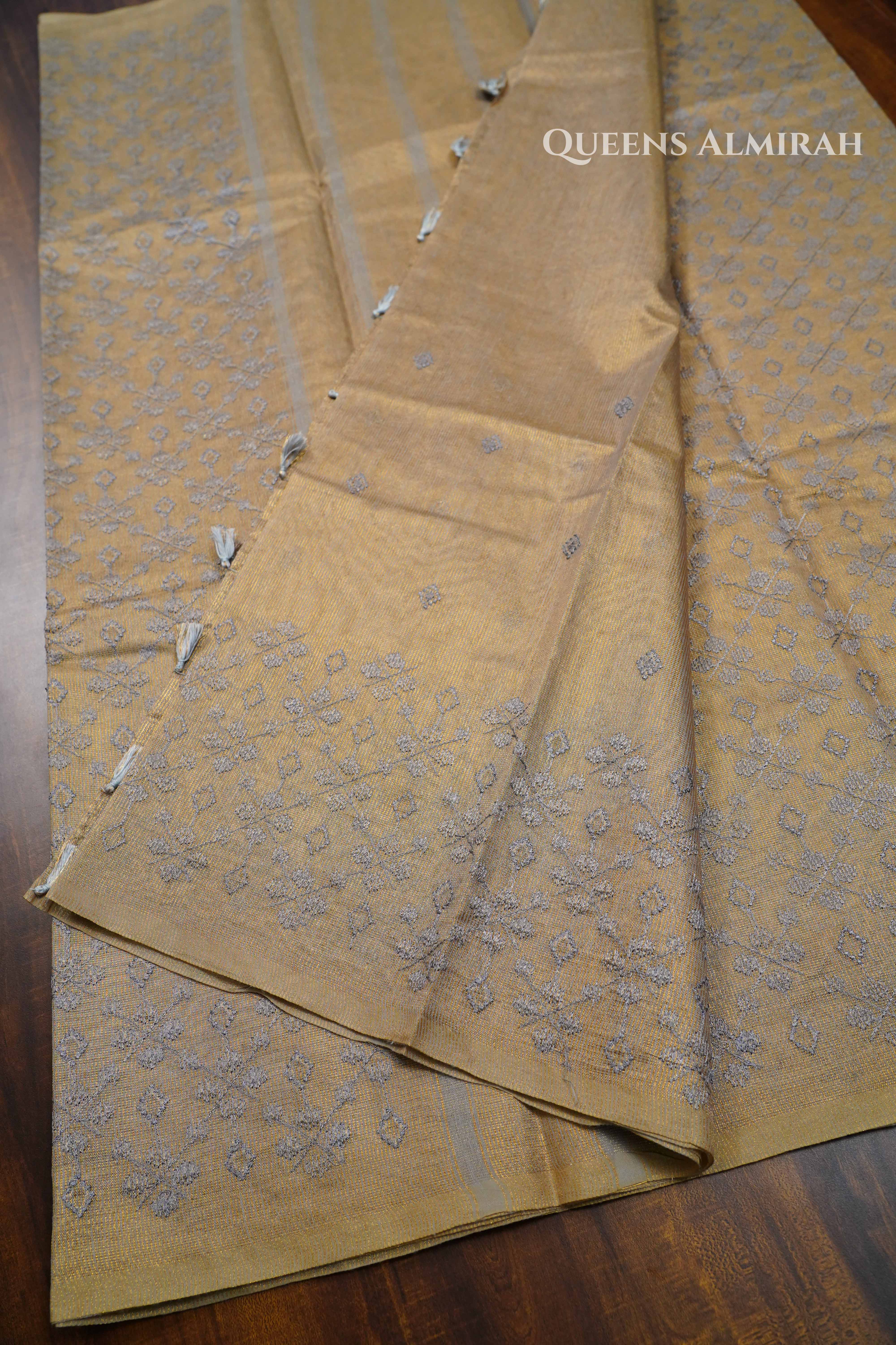 Warm Grey Tissue Linen Saree QUEENS ALMIRAH