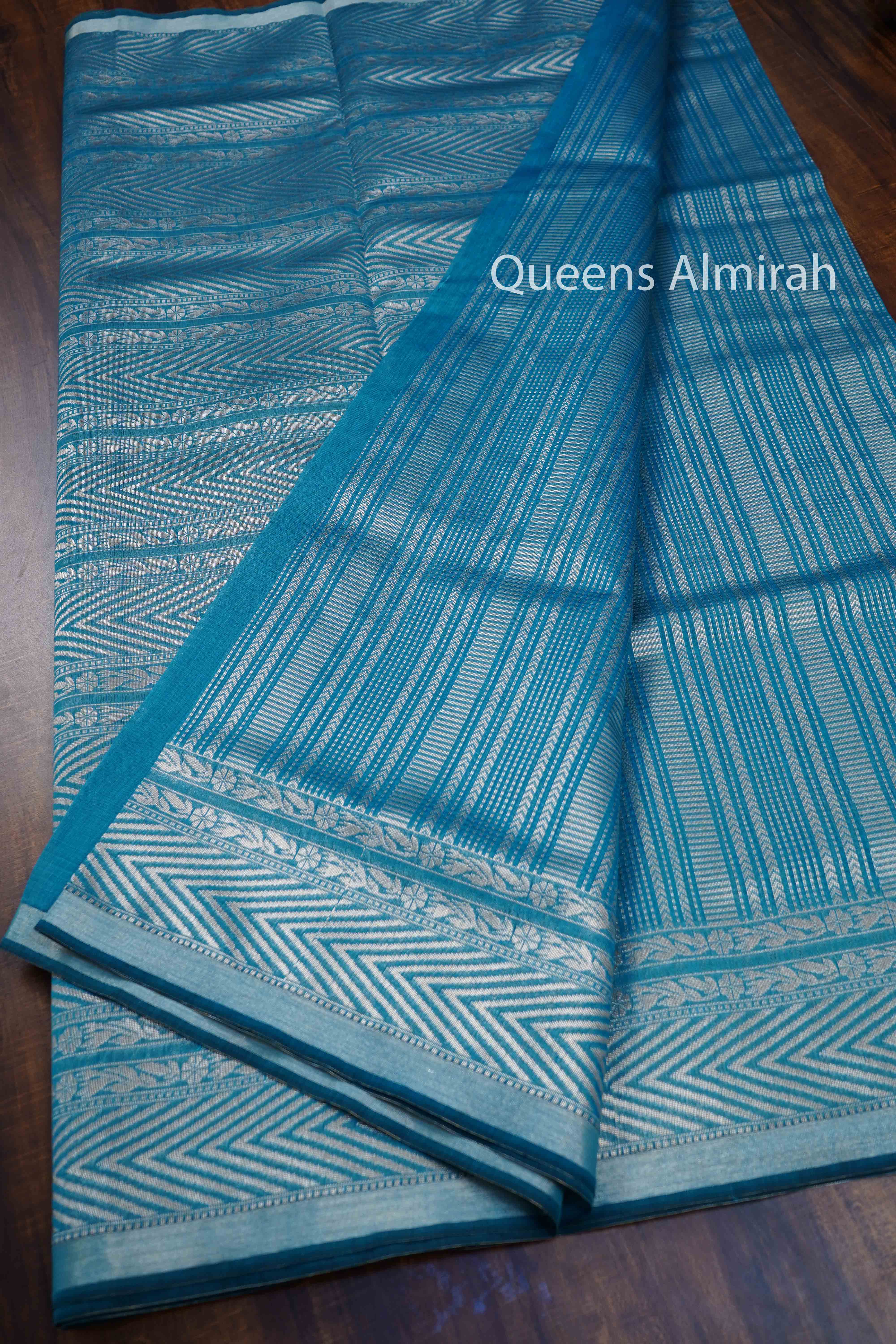 WATER BLUE BANARASI SILK COTTON SAREE - Queens Jewel Emporium