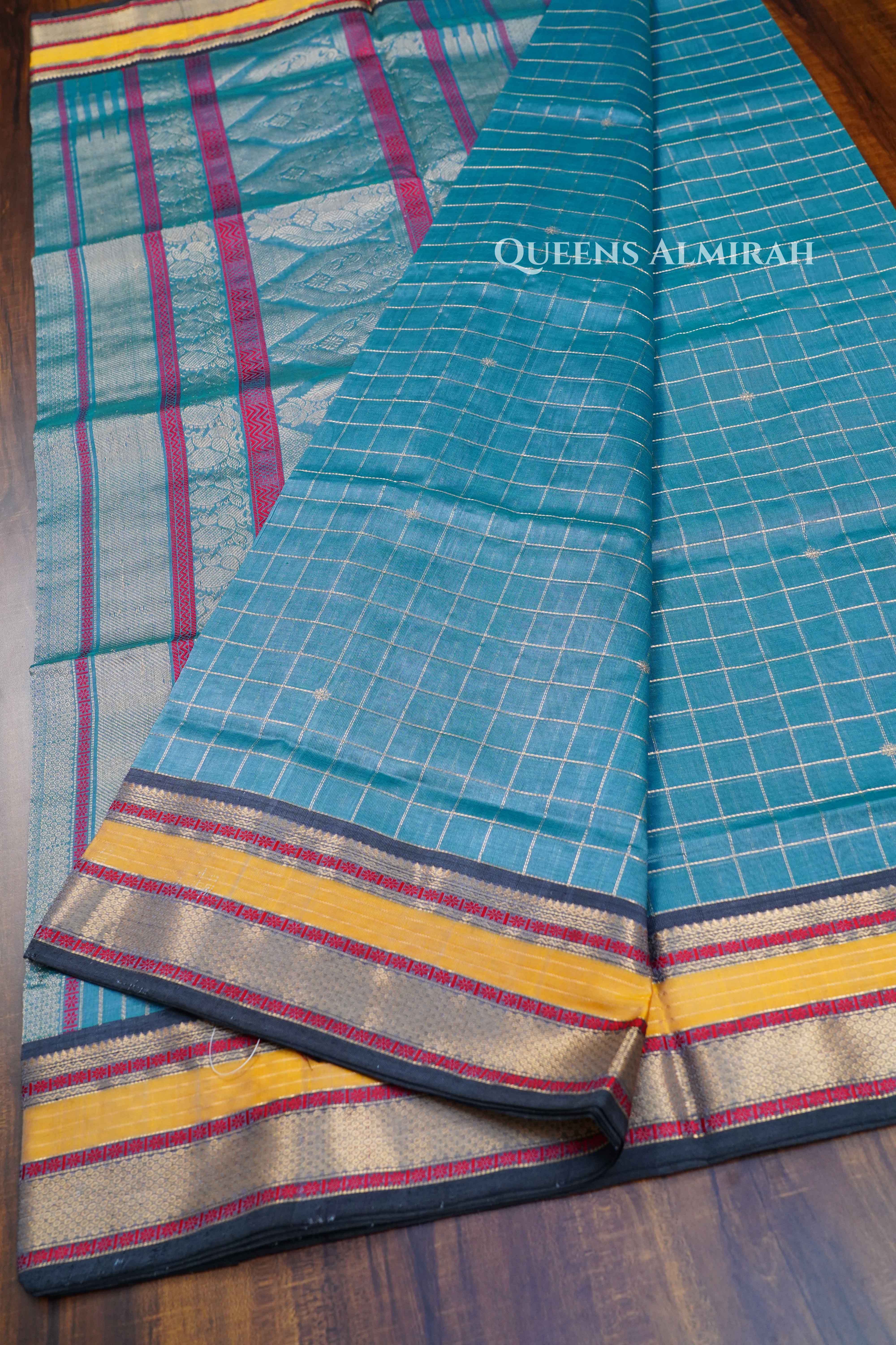 Water Blue-Karaikudi Chettinad Silk Cotton Saree QUEENS ALMIRAH