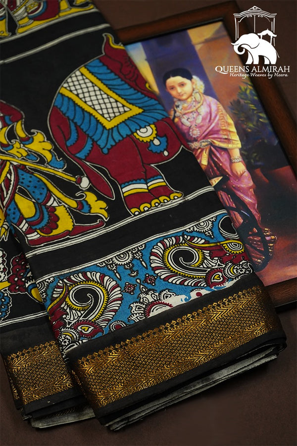 BLACK WITH MULTI COLOR GOLDE BORDER MANGALGIRI SAREE - Queens Jewel Emporium