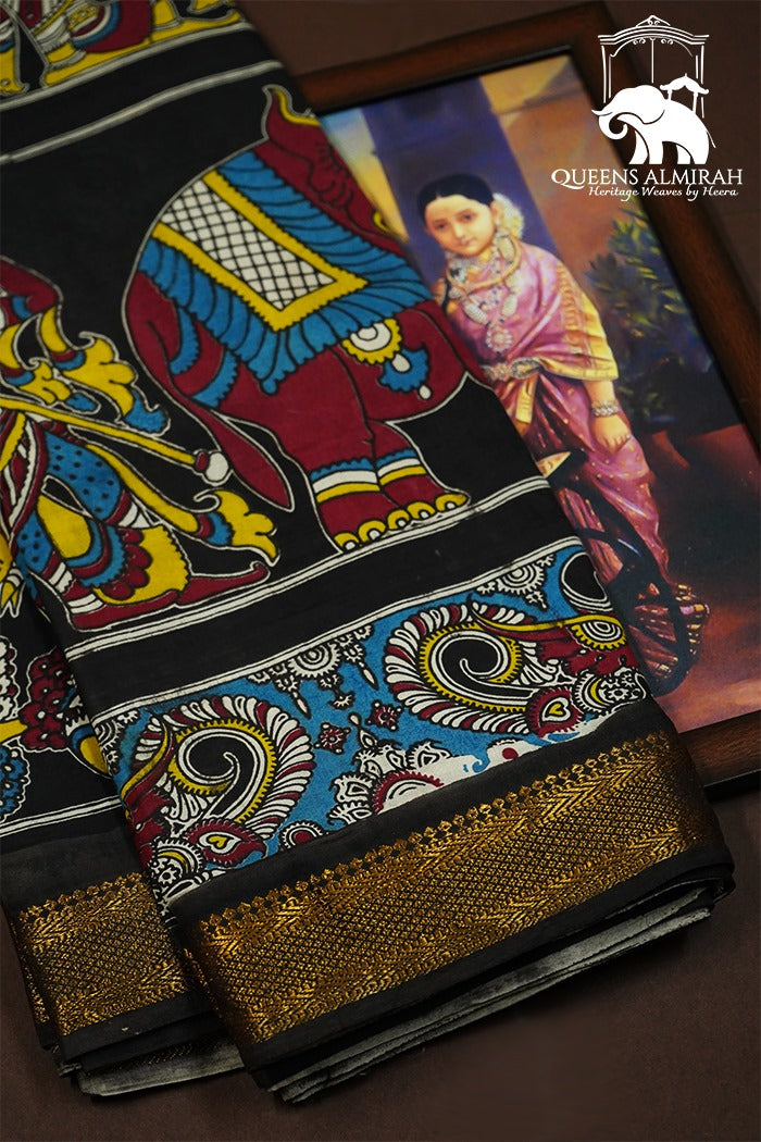 BLACK WITH MULTI COLOR GOLDE BORDER MANGALGIRI SAREE - Queens Jewel Emporium
