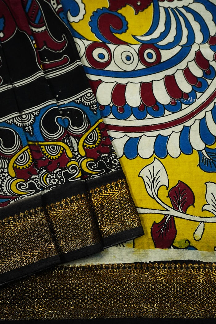 BLACK WITH MULTI COLOR GOLDE BORDER MANGALGIRI SAREE - Queens Jewel Emporium