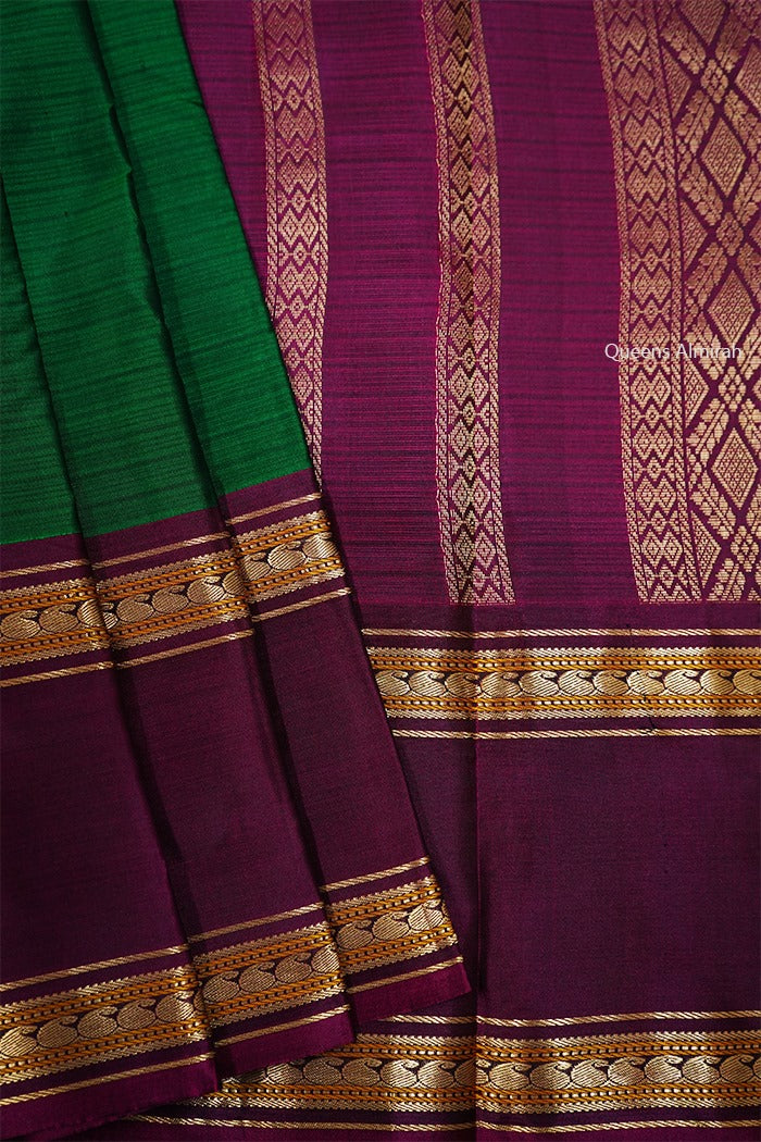 COUNTY GREEN WITH SEAL BROWN PURE KANCHIVARAM SILK SAREE - Queens Jewel Emporium