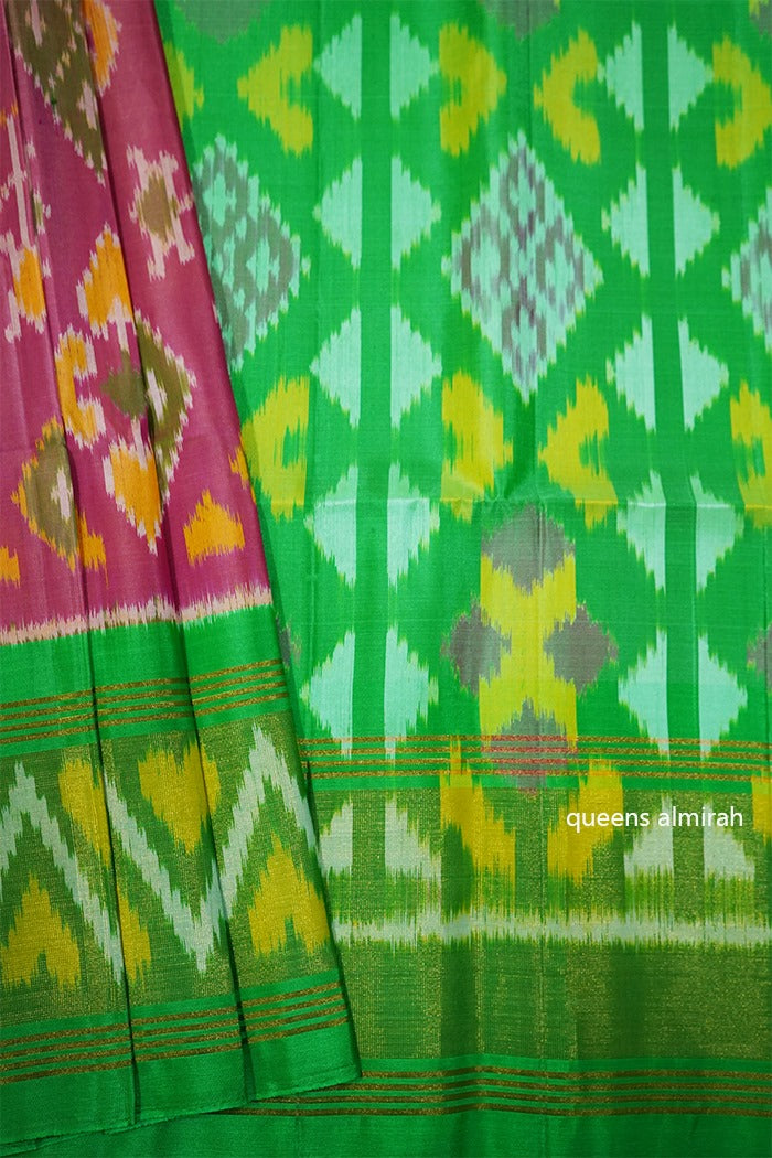 TULIP PINK WITH IRIS GREEN SOFT SILK SAREE - Queens Jewel Emporium