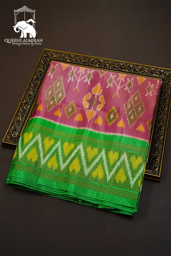 TULIP PINK WITH IRIS GREEN SOFT SILK SAREE - Queens Jewel Emporium