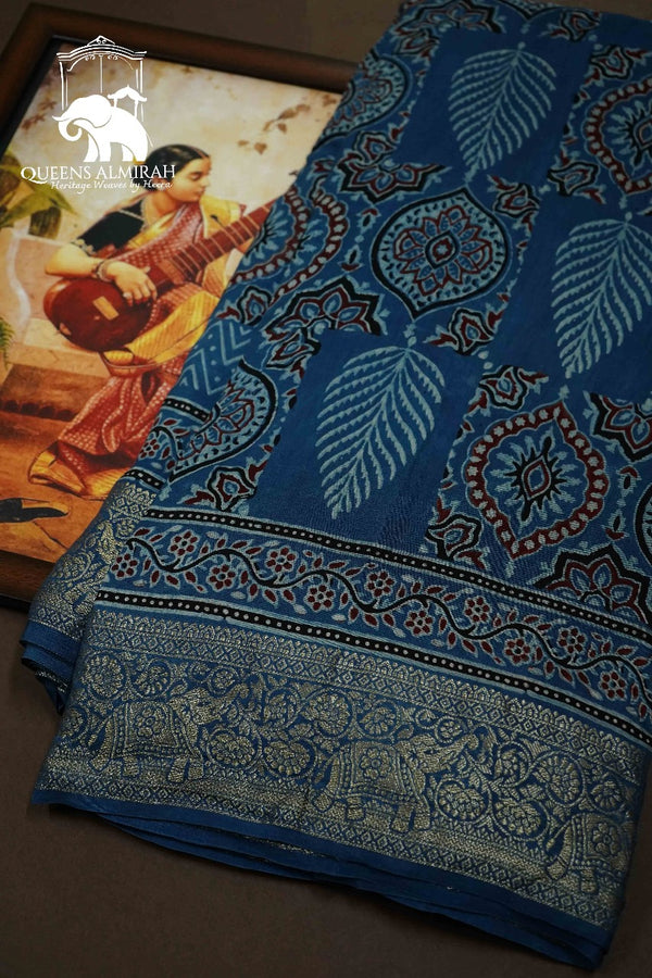 DUSKY BLUE DOLA AJARAKH SILK SAREE - Queens Jewel Emporium