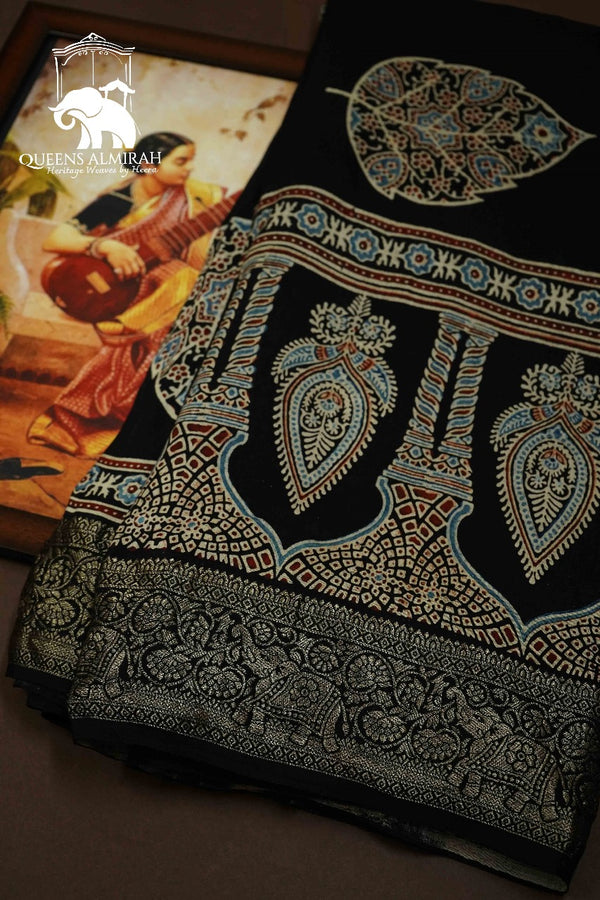 BLACK WITH MULTICOLOR DOLA AJARAKH SILK SAREE - Queens Jewel Emporium