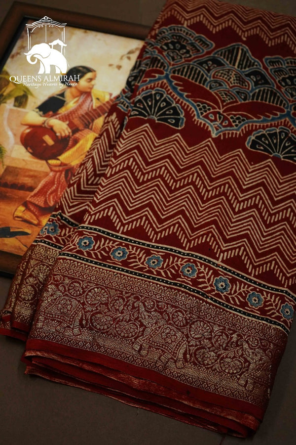 PERISAN PLUM RED DOLA AJARAKH SILK SAREE - Queens Jewel Emporium