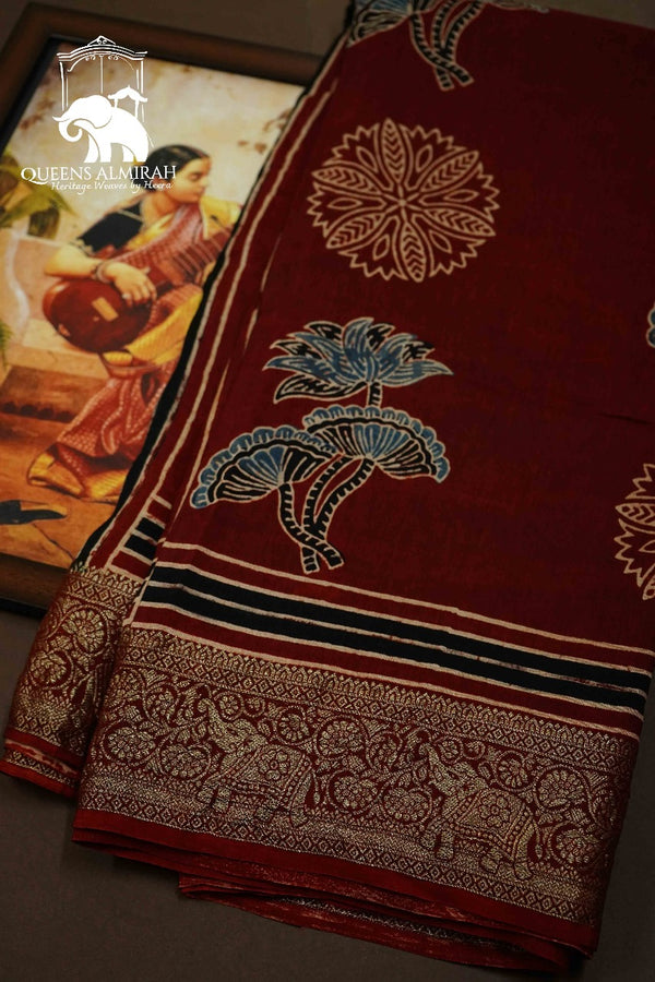DUSTY RED DOLA AJARAKH SILK SAREE - Queens Jewel Emporium