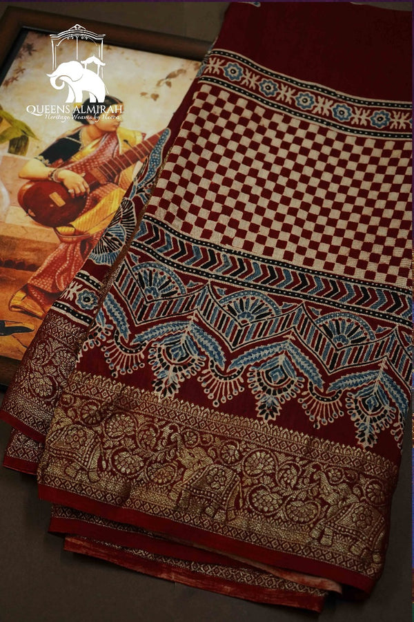 LIGHT MAROON WITH SANDAL  DOLA AJARAKH SILK SAREE - Queens Jewel Emporium