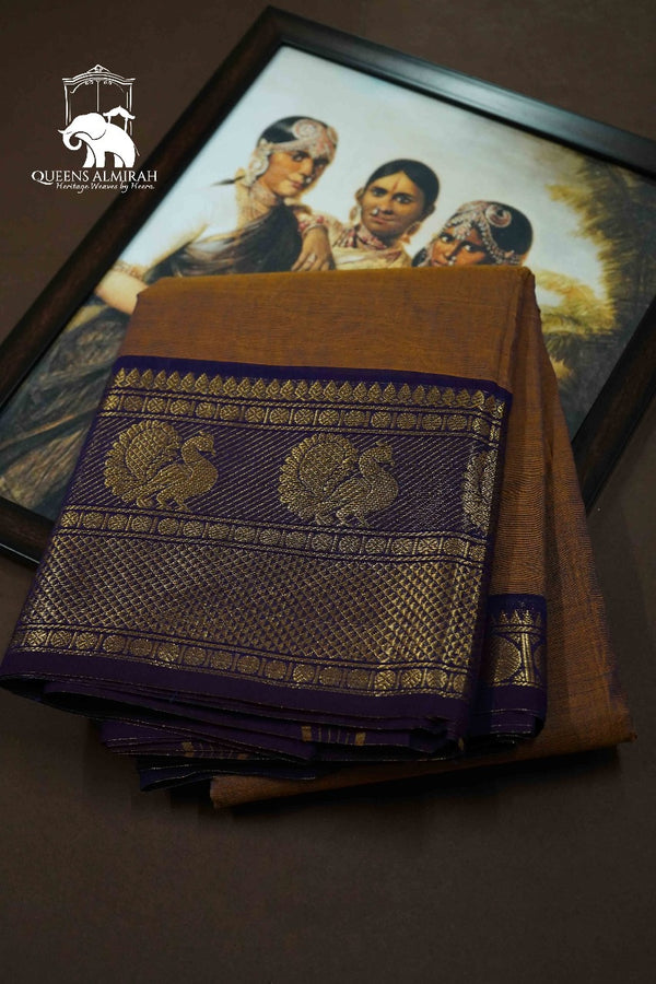 BROWN WITH NAVY KANCHI COTTON SAREE - Queens Jewel Emporium
