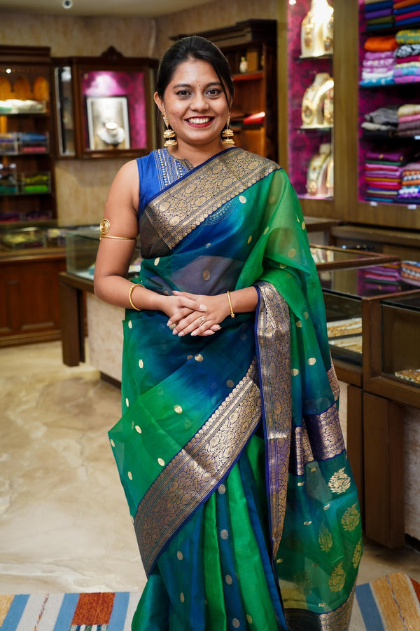 JUNGLE GREEN WITH DUSKY BLUE CHANDERI KATAN SILK SAREE - Queens Jewel Emporium
