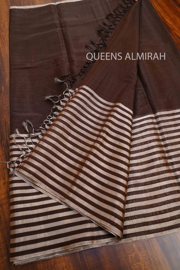 COCOA BROWN WITH SILVER ZEBRA STRIPES KATAN CHANDERI SILK SAREE - Queens Jewel Emporium