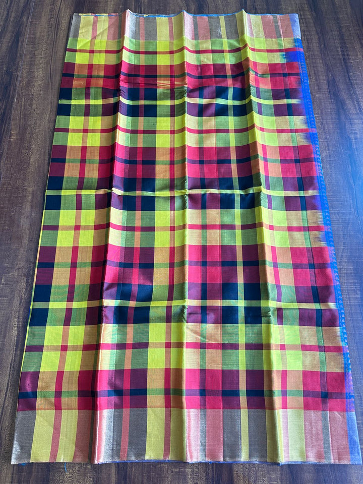 MULTICOLOR CHECKED PURE KANCHIVARAM SILK SAREE - Queens Jewel Emporium