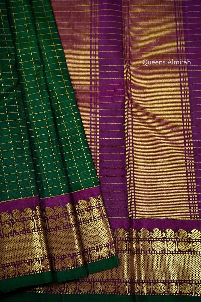 DARK GREEN WITH GREY PURPLE PURE KANCHIVARAM SILK SAREE - Queens Jewel Emporium