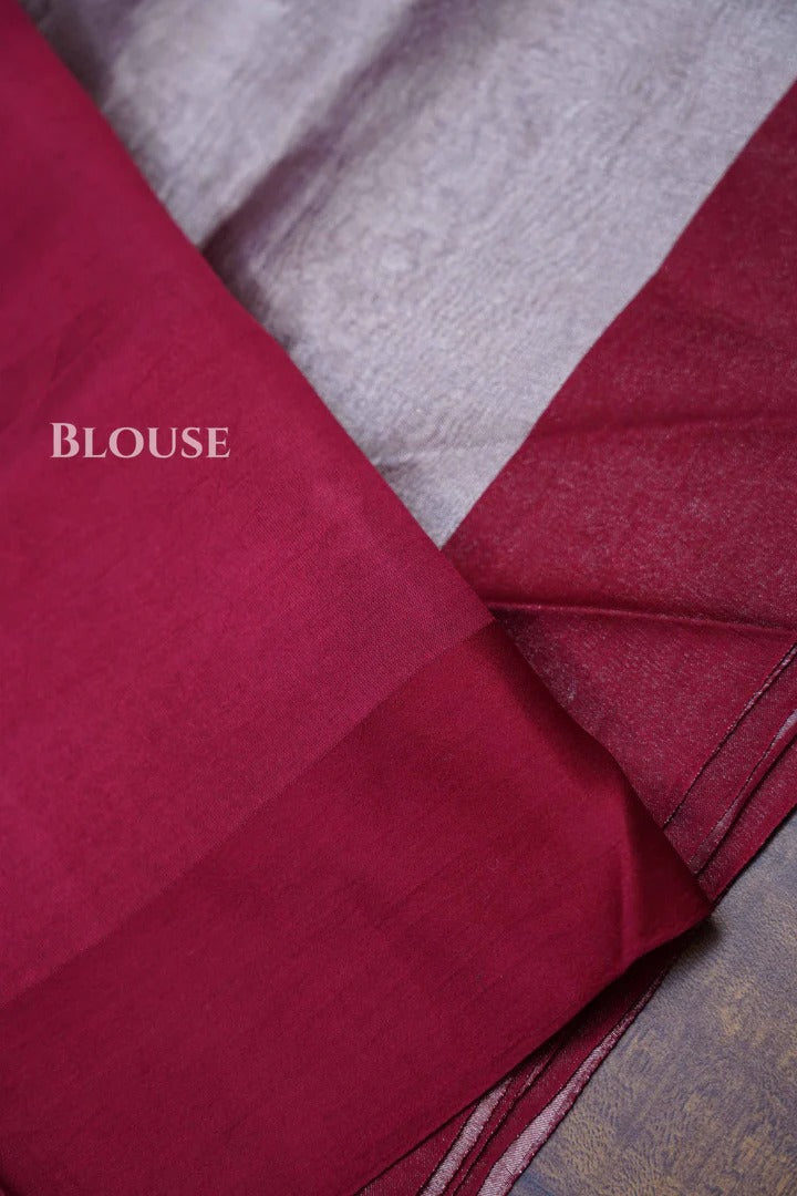 Silver With Maroon Banarasi Tissue Saree