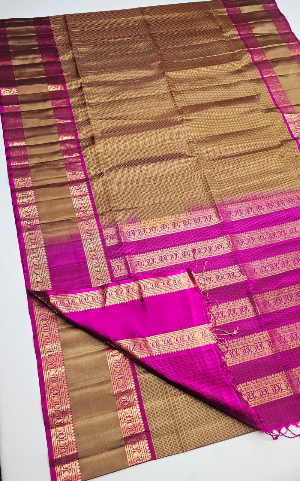 Mustard Brown With Pink Rettapetta Border Payadi Pure Soft Silk Saree