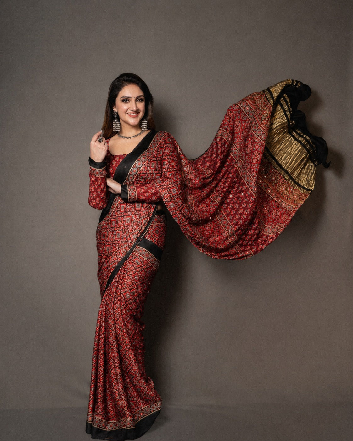 Sridevi Maroon Ajrakh Mirror Work Modal Silk Saree