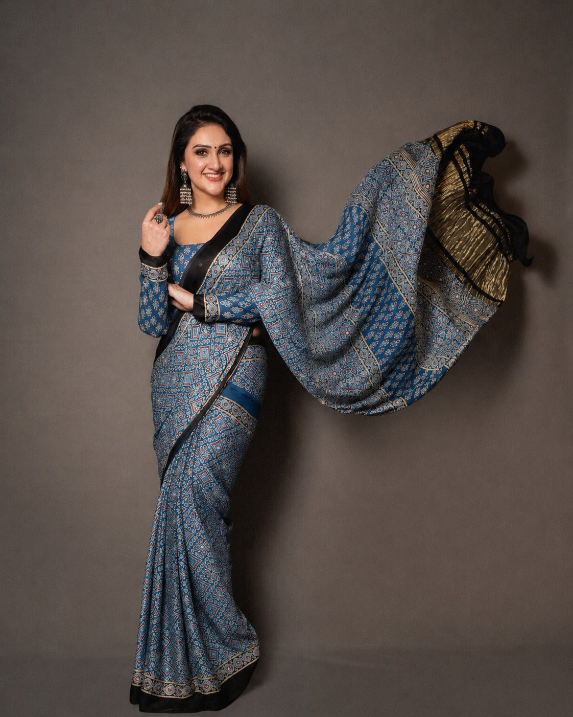 Sridevi  Ajrakh Mirror Work Modal Silk Saree