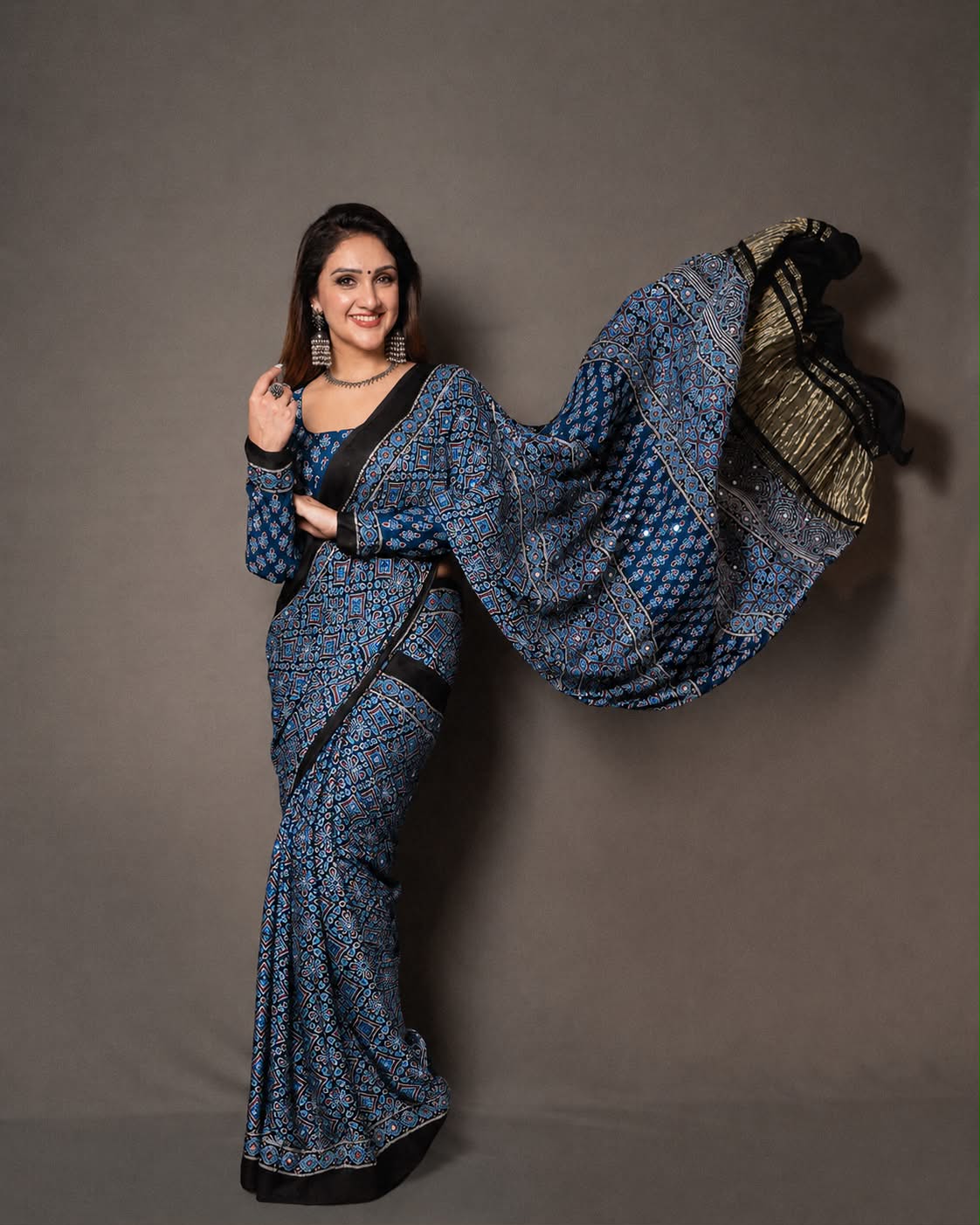 Sridevi Blue Ajrakh Mirror Work Modal Silk Saree