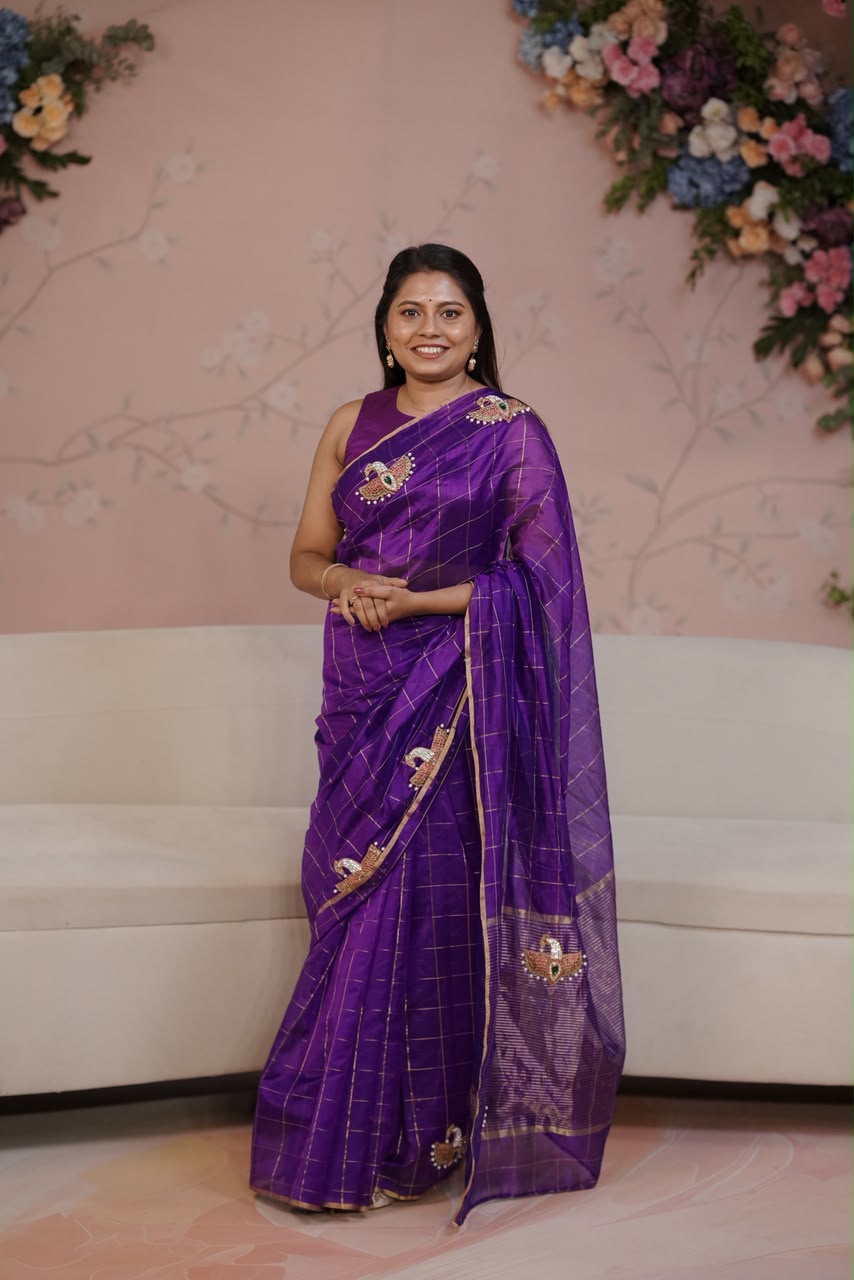 Purple Maya Pakshi Designer Pure Chanderi Silk Saree