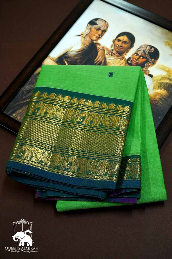 GREEN WITH BLUISH CYAN KANCHI COTTON SAREE - Queens Jewel Emporium