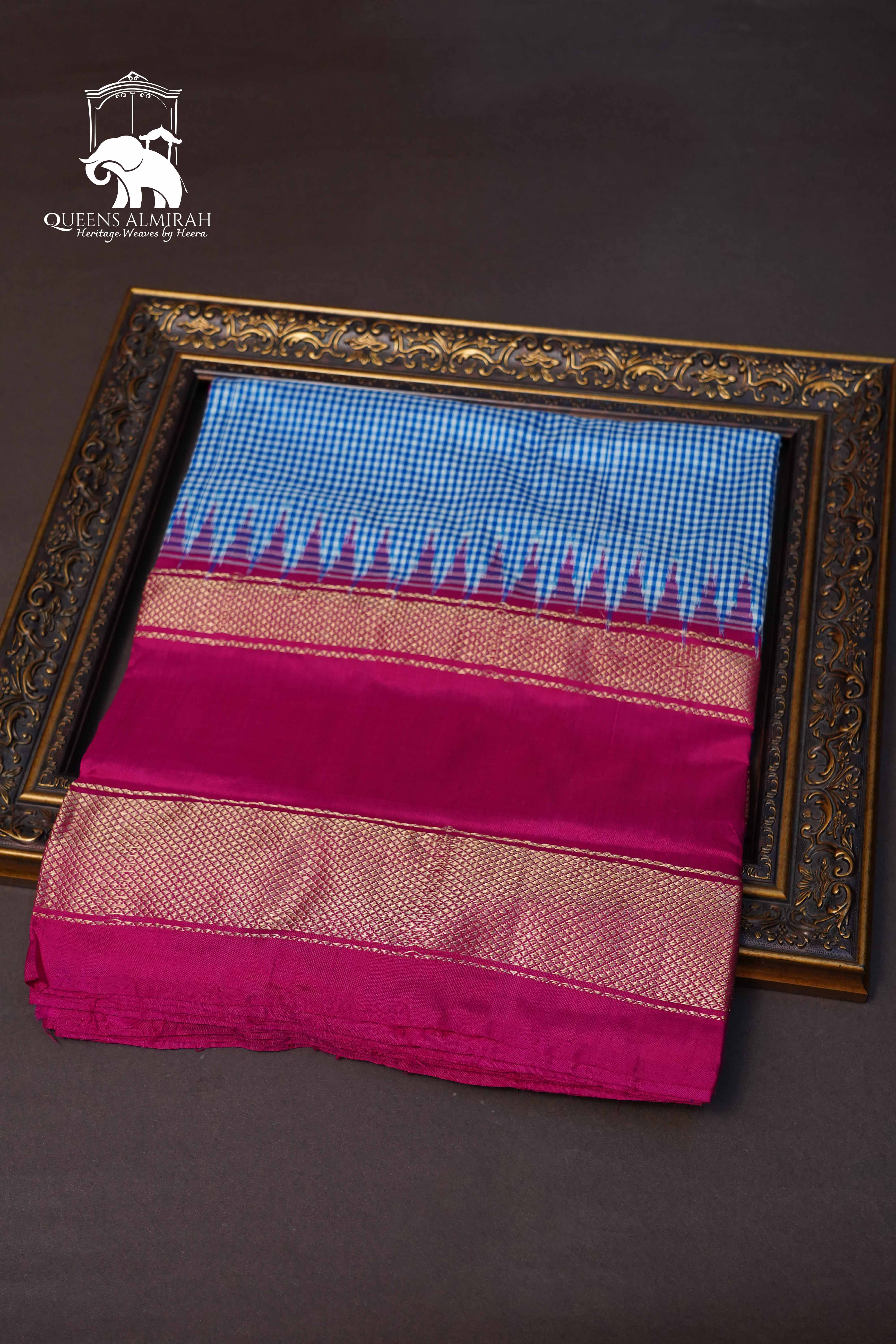 White And Blue Checks With Magenta Pink Pure Ikat Silk Saree - Queens Jewel Emporium