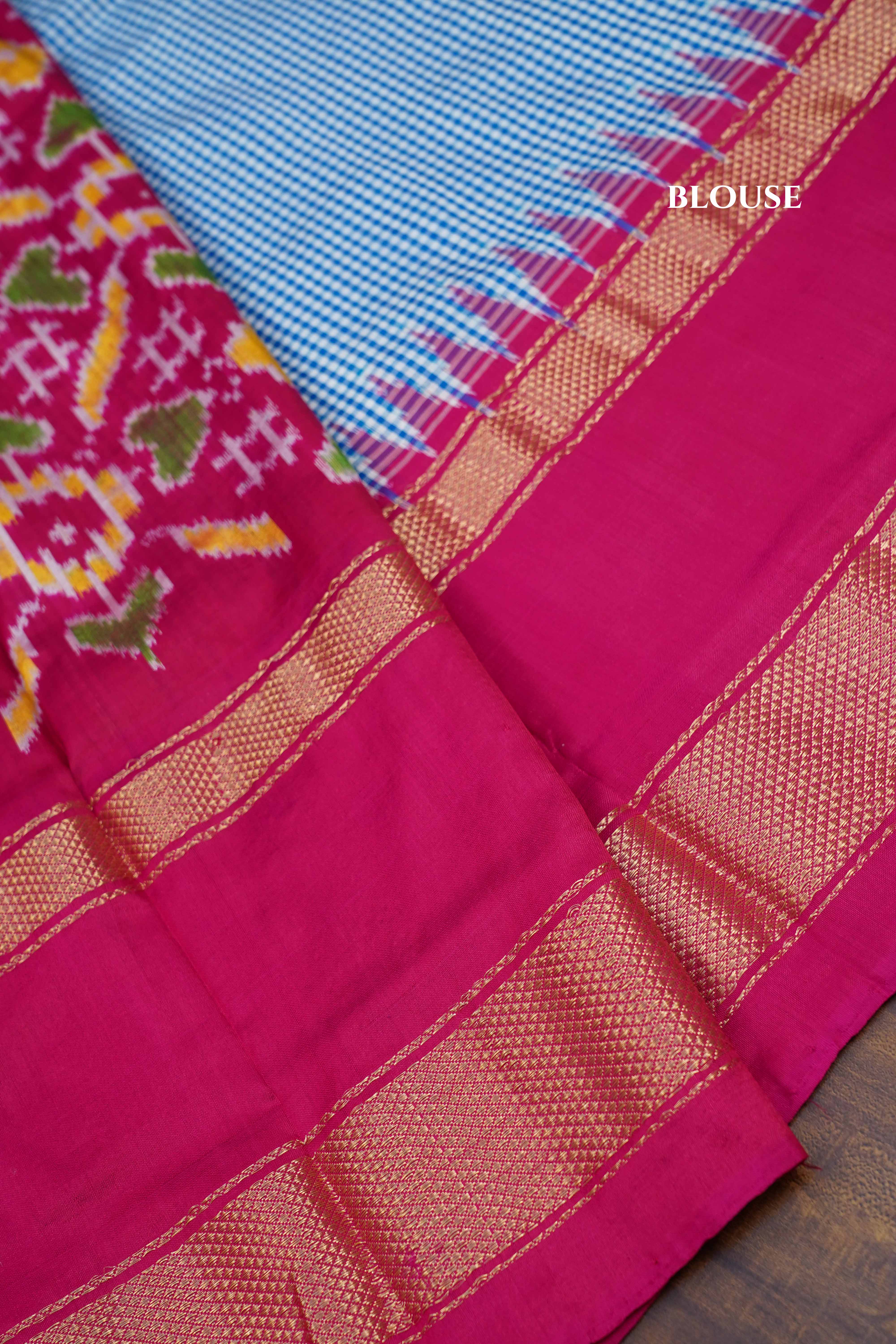 White And Blue Checks With Magenta Pink Pure Ikat Silk Saree - Queens Jewel Emporium
