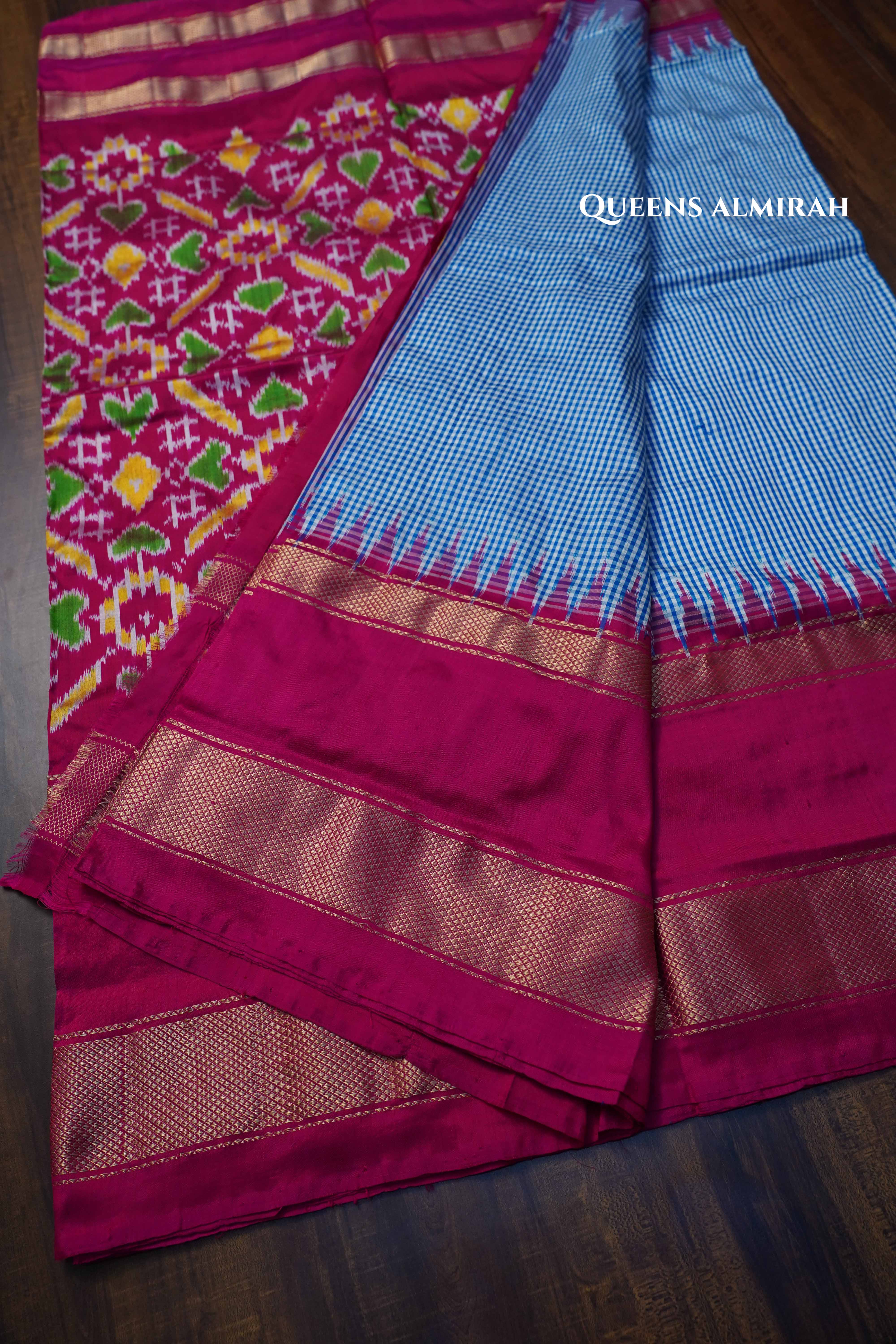 White And Blue Checks With Magenta Pink Pure Ikat Silk Saree - Queens Jewel Emporium