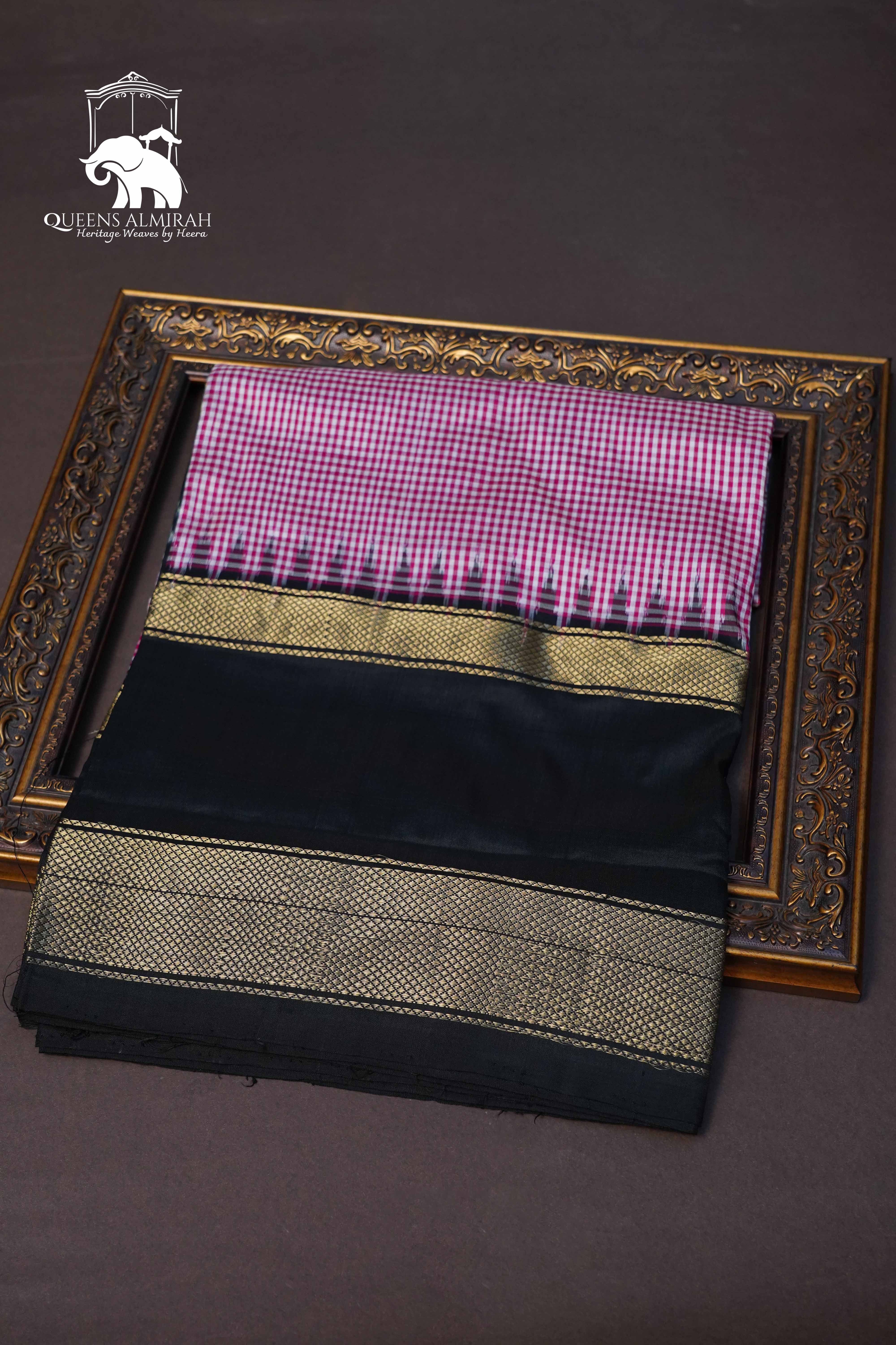 White And Pink Checks With Black Pure Ikat Silk Saree - Queens Jewel Emporium
