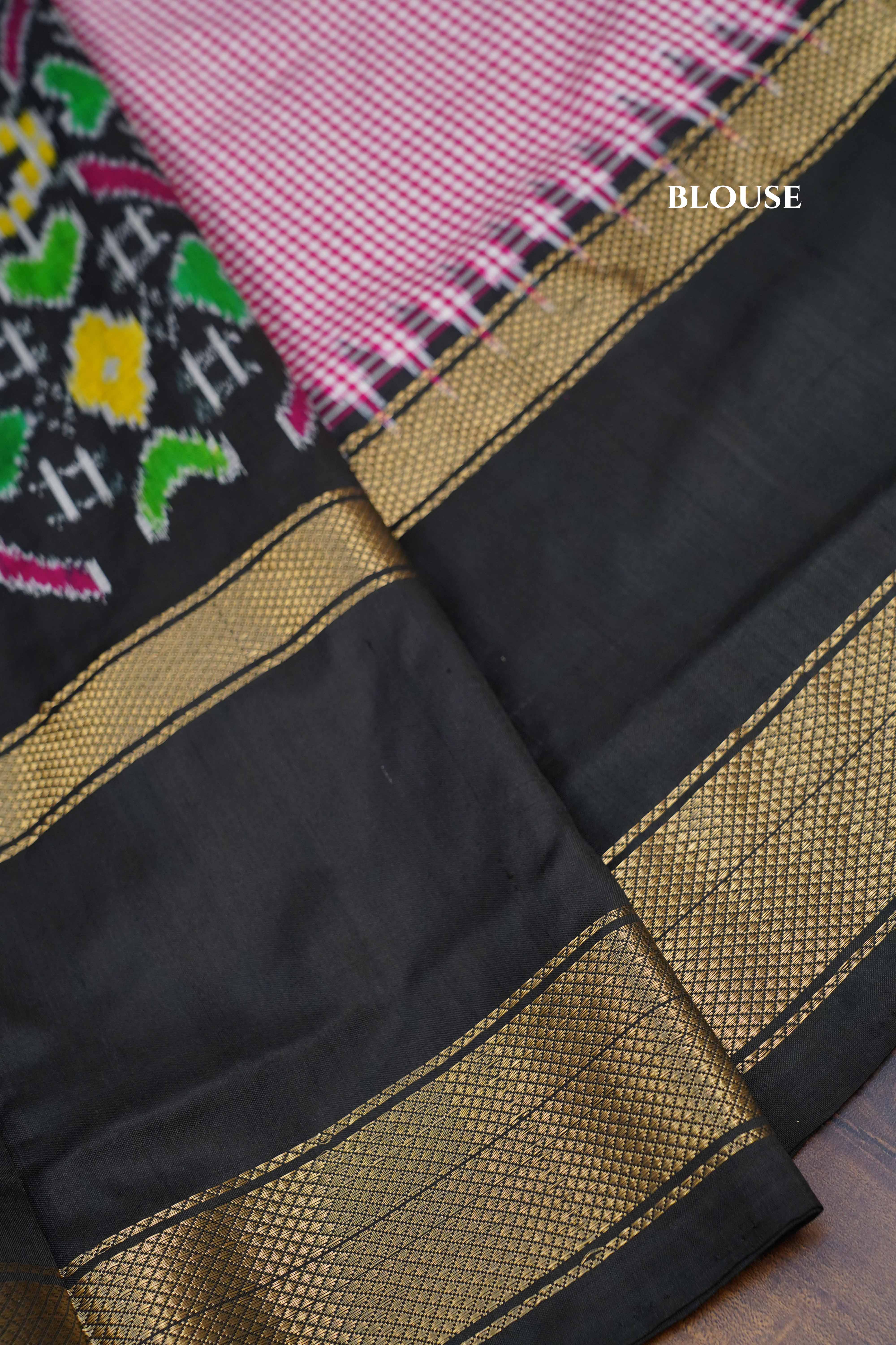 White And Pink Checks With Black Pure Ikat Silk Saree - Queens Jewel Emporium