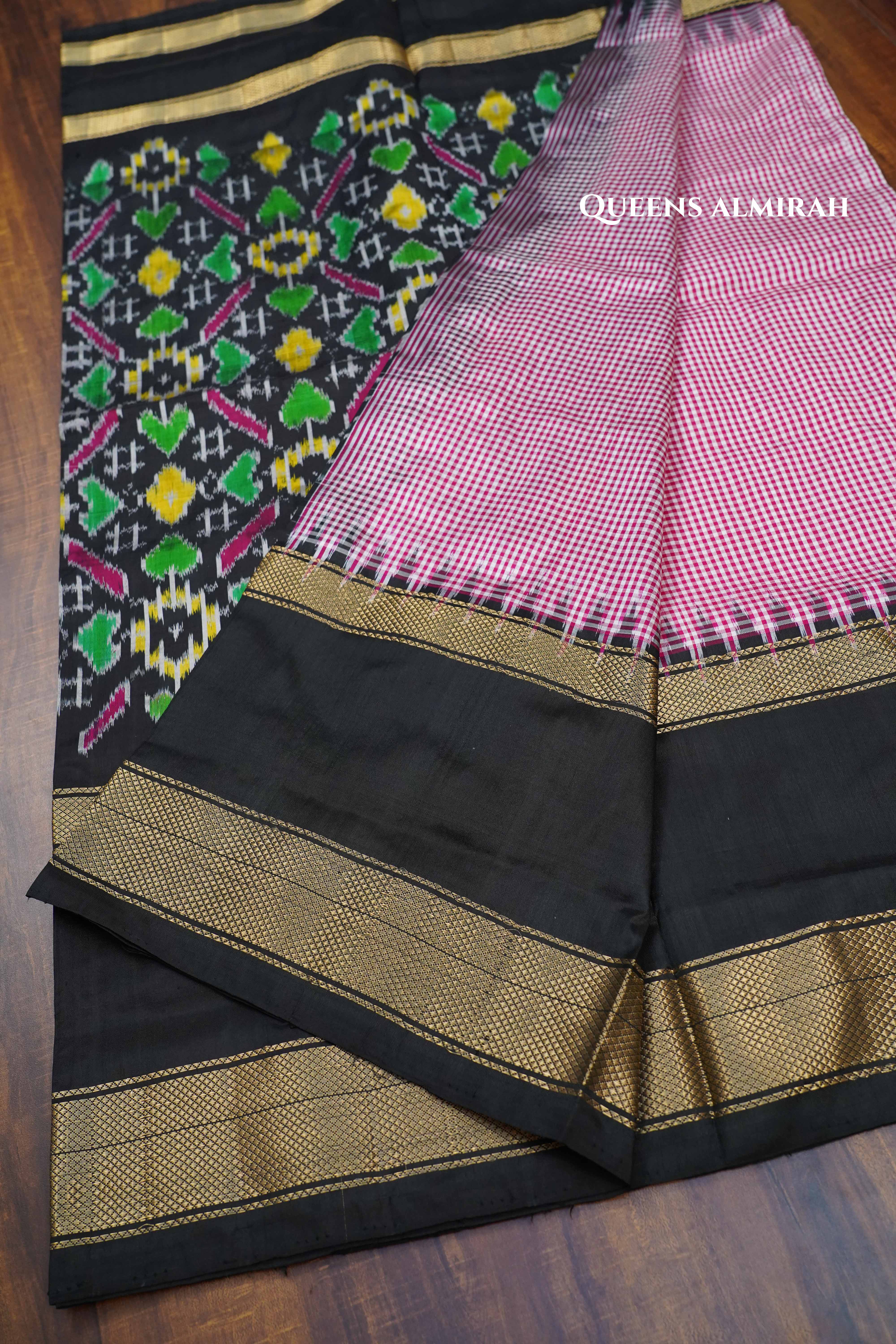 White And Pink Checks With Black Pure Ikat Silk Saree - Queens Jewel Emporium