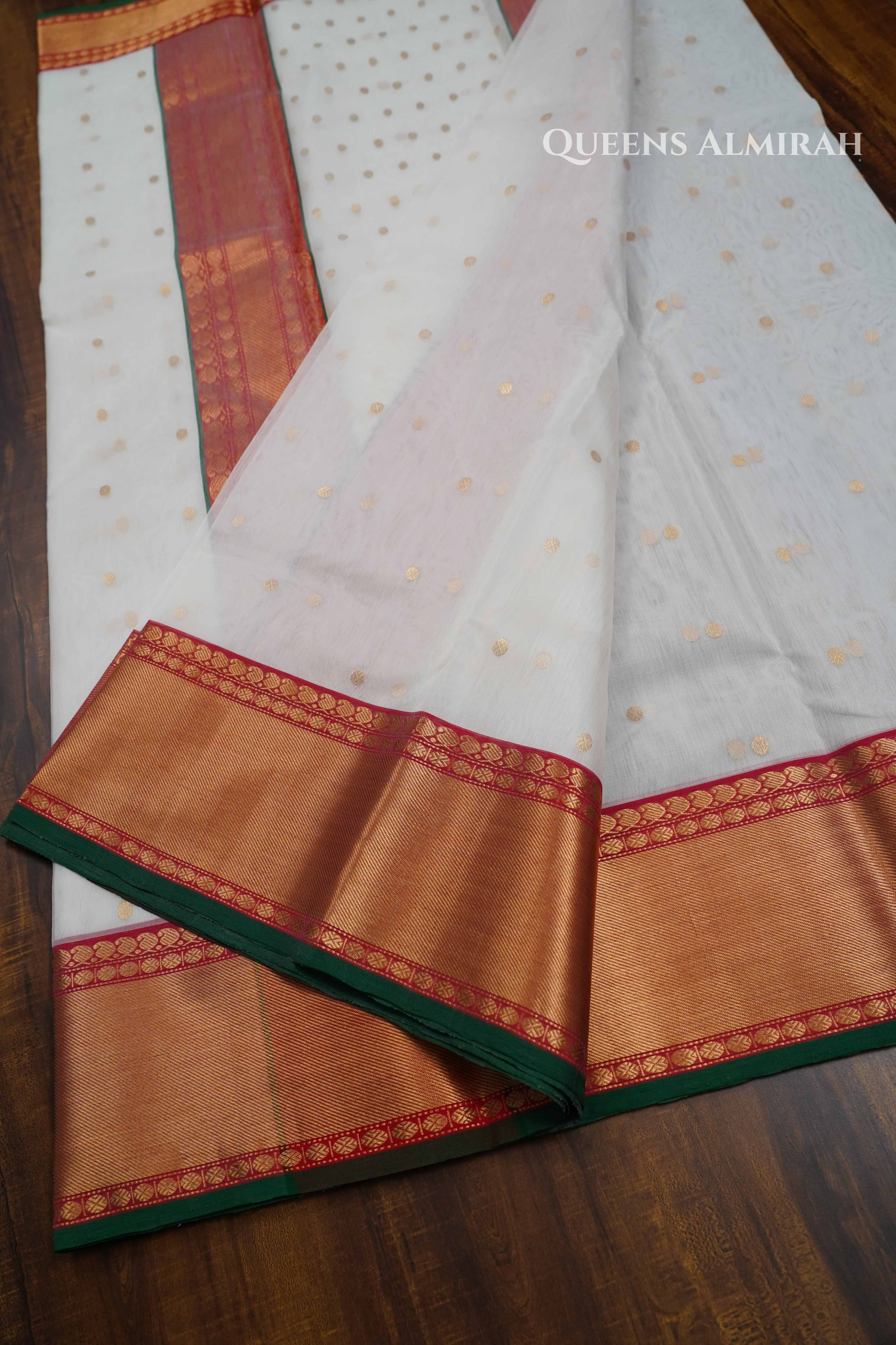 White Chanderi Katan Handloom Silk Saree QUEENS ALMIRAH